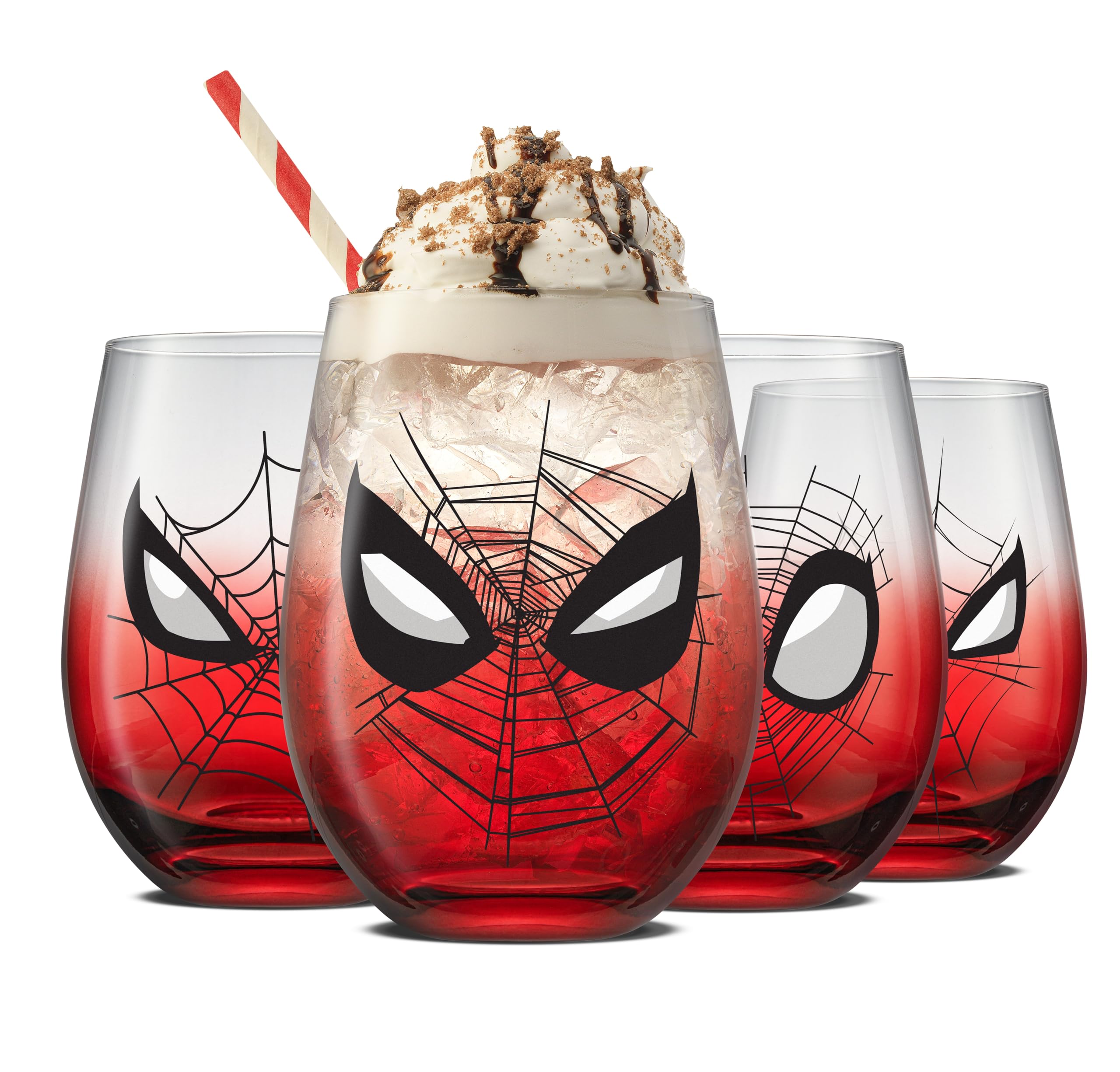 JoyJolt Marvel Spider-Man Spidey-Sense Stemless Drinking Glasses, 19oz Superhero Glass Tumblers, Set of 4 Drink Glasses, Marvel 
