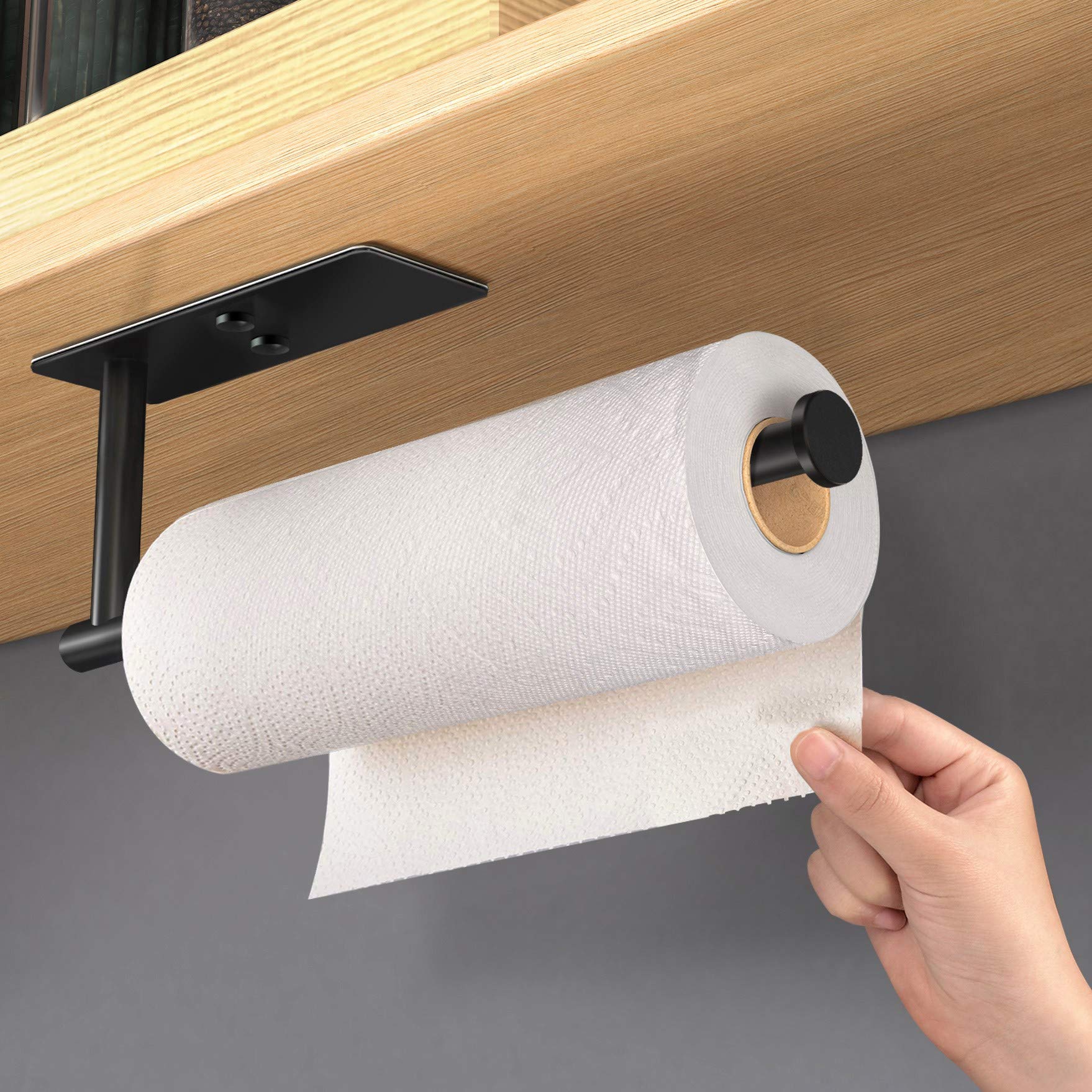 VAEHOLD Self Adhesive Paper Towel Holder Under Cabinet Mount  Wall Mount Paper Towel Roll Rack for Kitchen Cabinet  Bathroom  Wall - SUS304 Stainless Steel Black