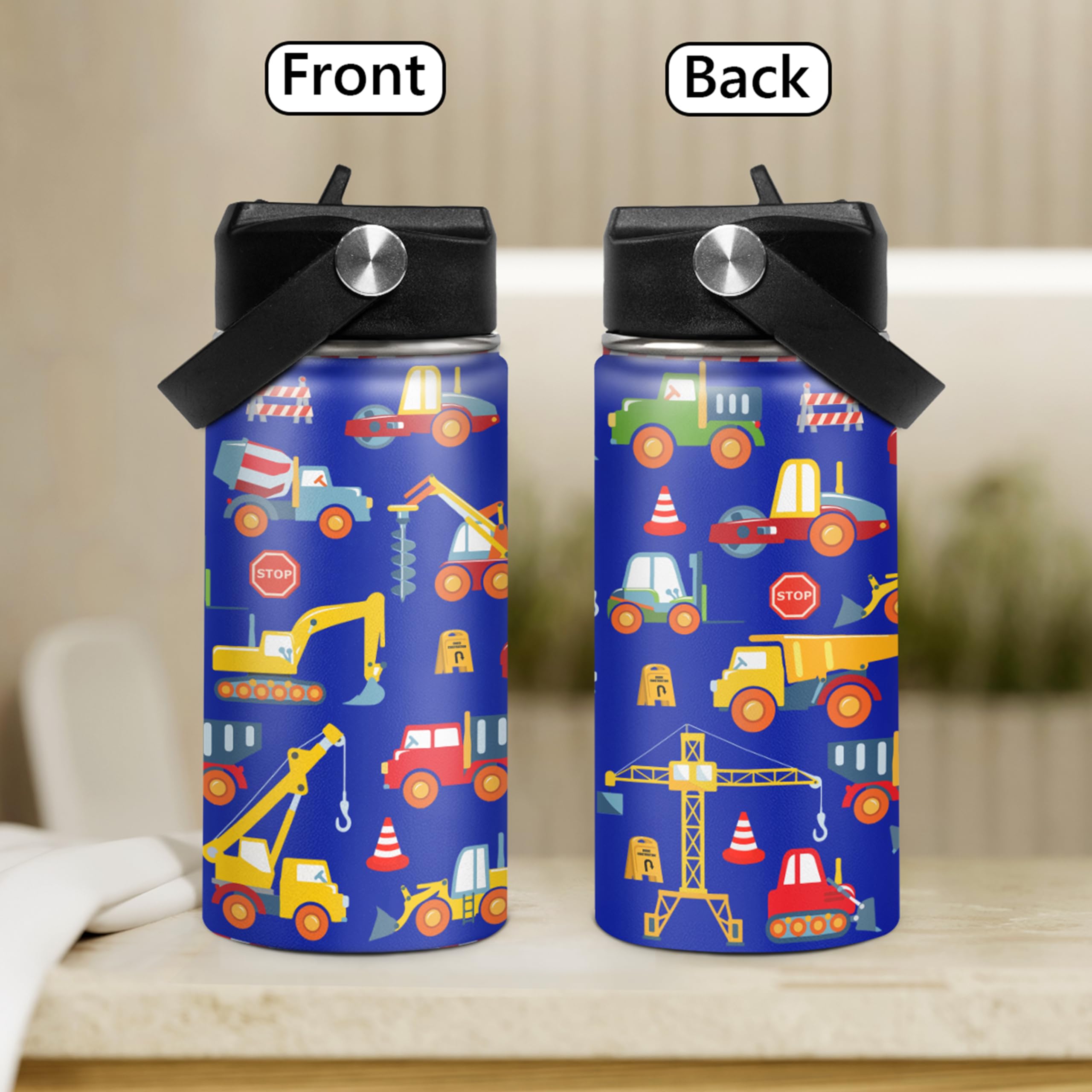 Kids Water Bottle With Straw Construction Insulated Water Bottles 12Oz Stainless Steel Travel School Tumbler Double Wall Vacuum