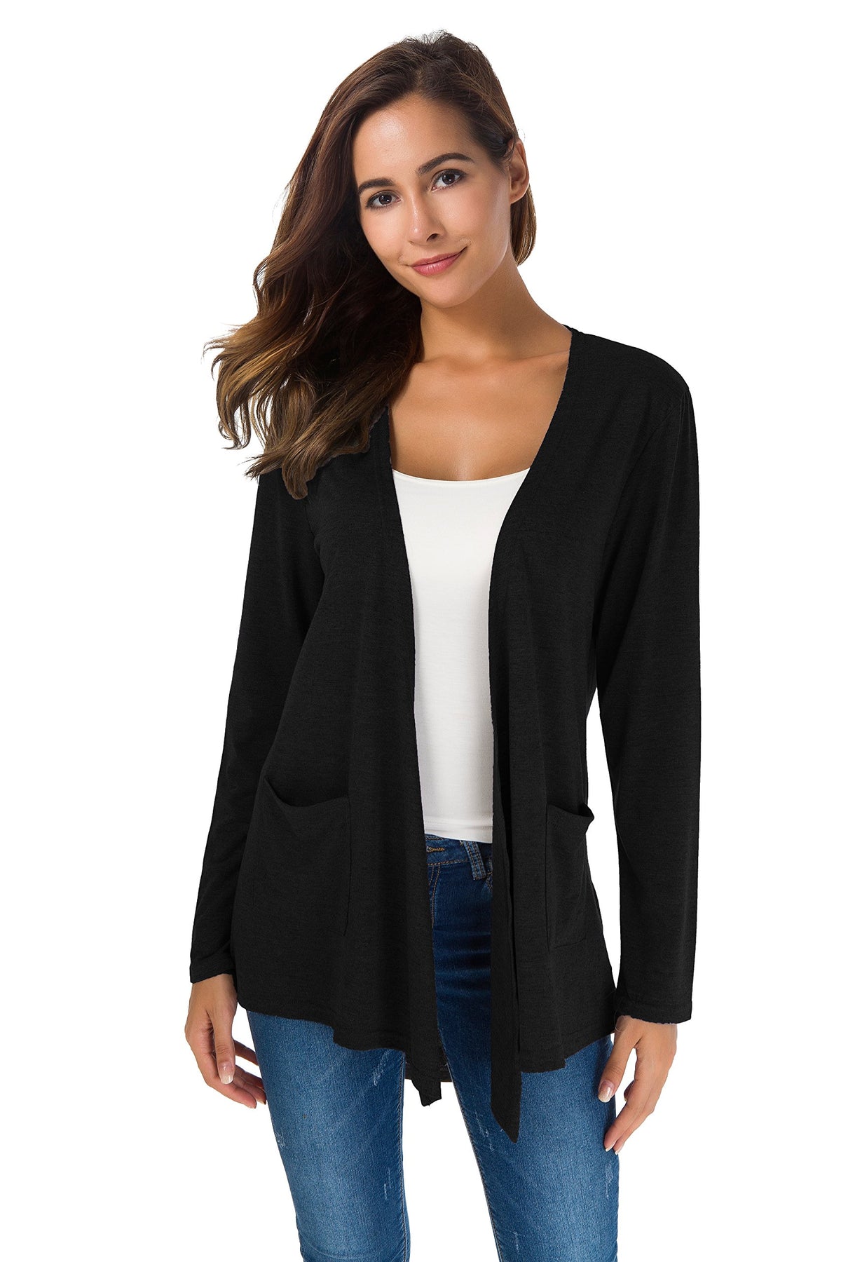 Towncat Cardigans For Women Loose Casual Long Sleeved Open Front Breathable Cardigans With Pocket (Black,M)