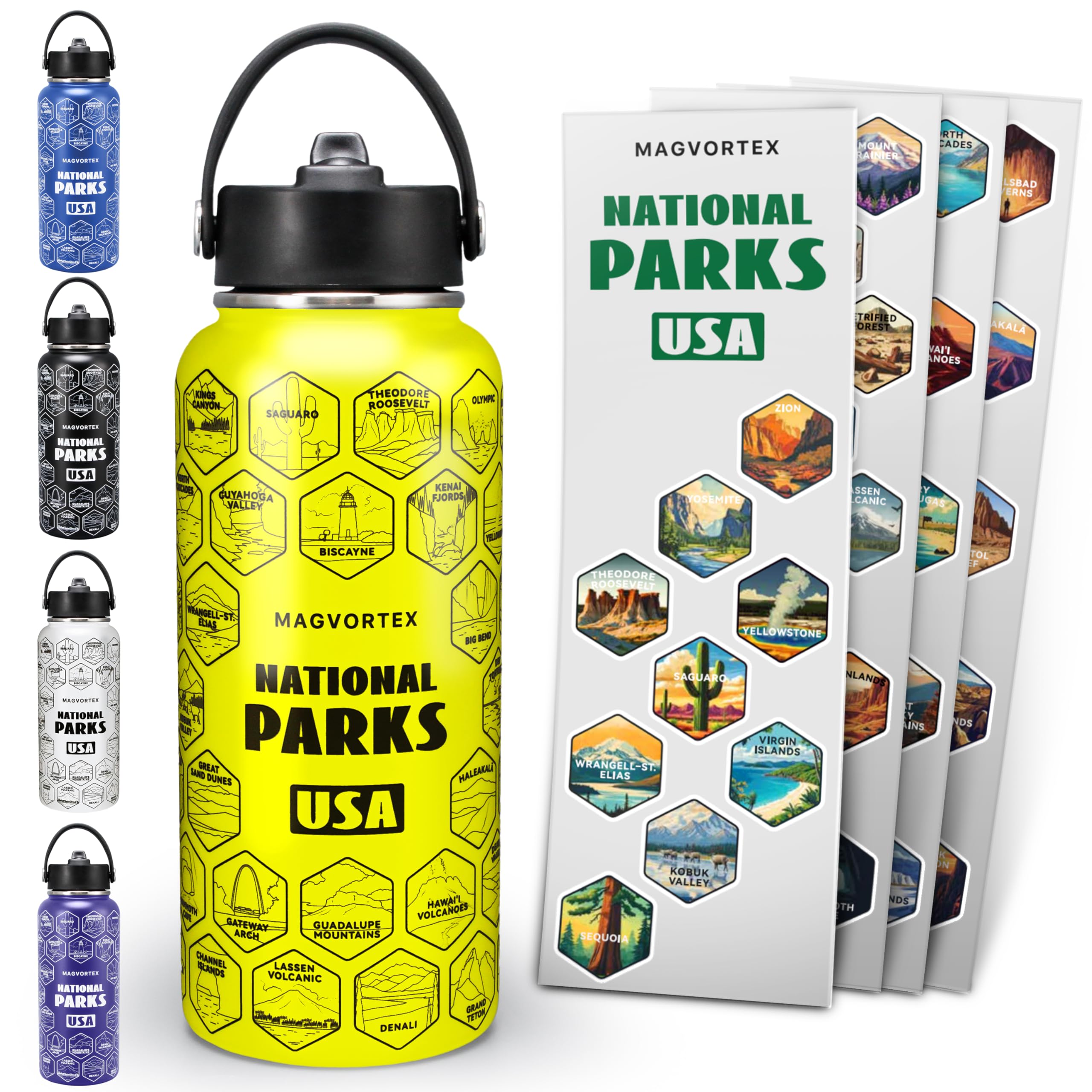 National Parks Yellow Water Bottle with Durable Stickers - 32oz Insulated Stainless Steel Water Bottle with Spout Lid - Insulate