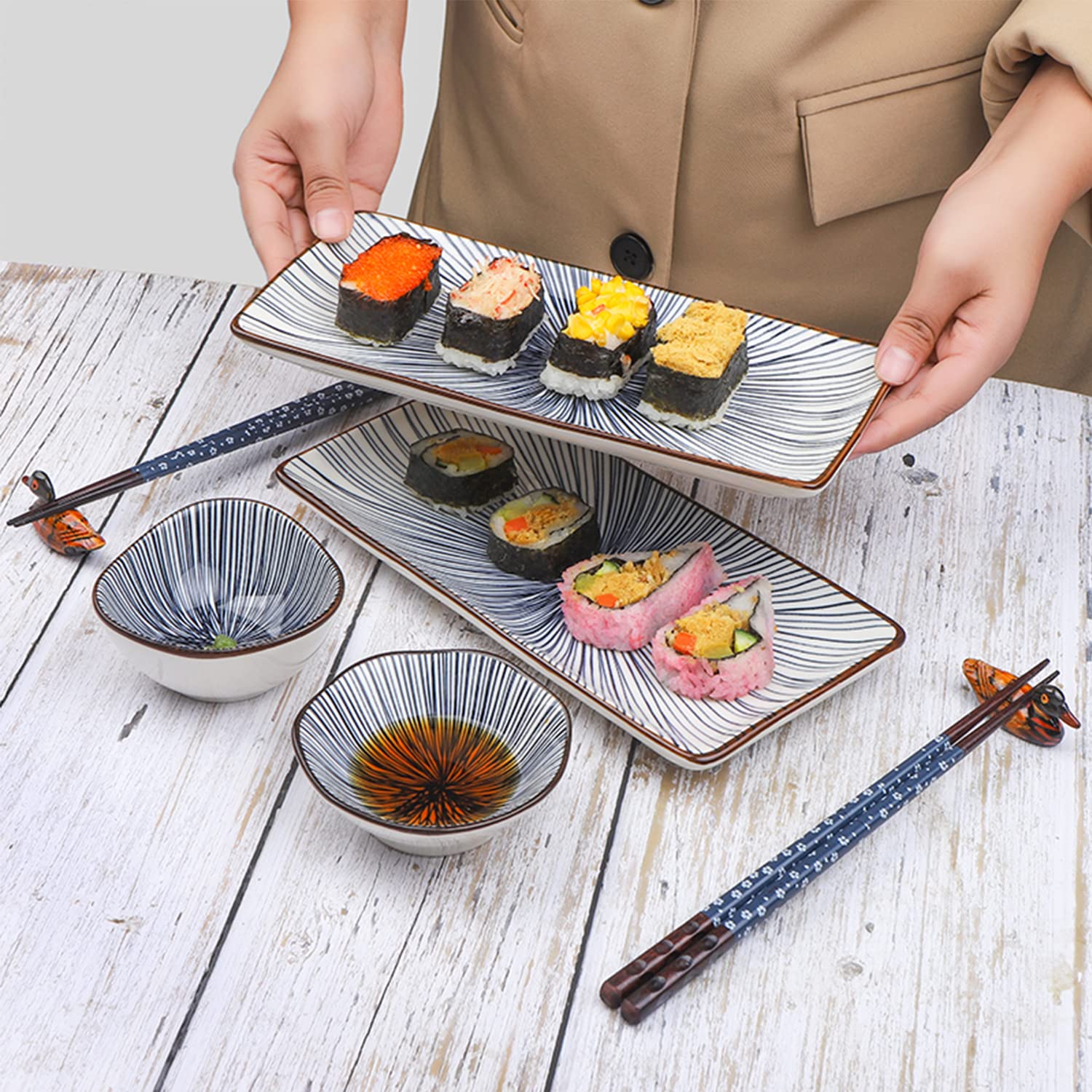 Artcome 10 Pcs Japanese Style Ceramic Sushi Plate Dinnerware Set For Wedding Housewarming - 2 Sushi Plates, 2 Sauce Dishes, 2 Sn
