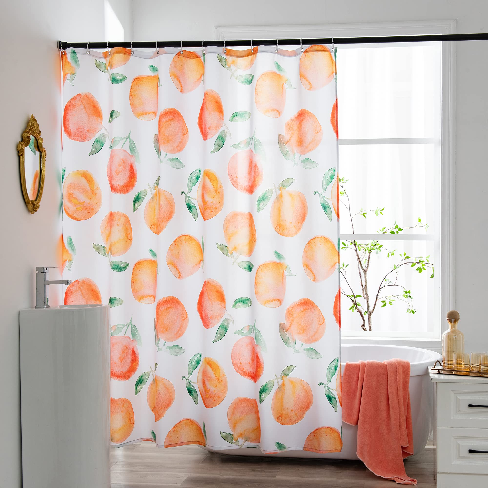 Yi & Ze Peach Shower Curtain, Allover Fruits Shower Curtain Waterproof Fabric Bathroom Cute Shower Curtain Set With 12 Hooks, Ho