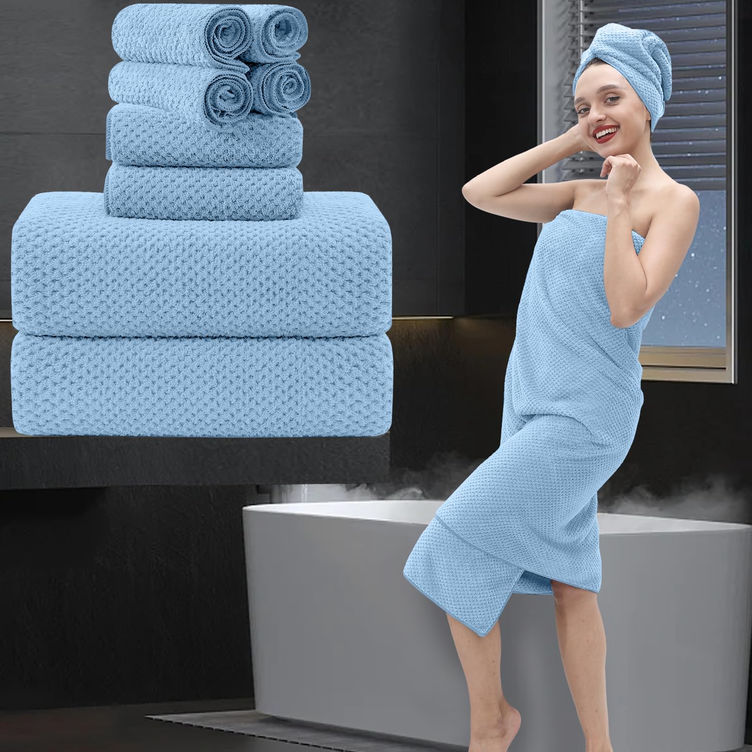 8 Piece Bathroom Towel Set Blue |2 Oversized Large Bath Towels Sheet,2 Hand Towels And 4 Washcloths| 600Gsm Ultra Soft Luxury Pr
