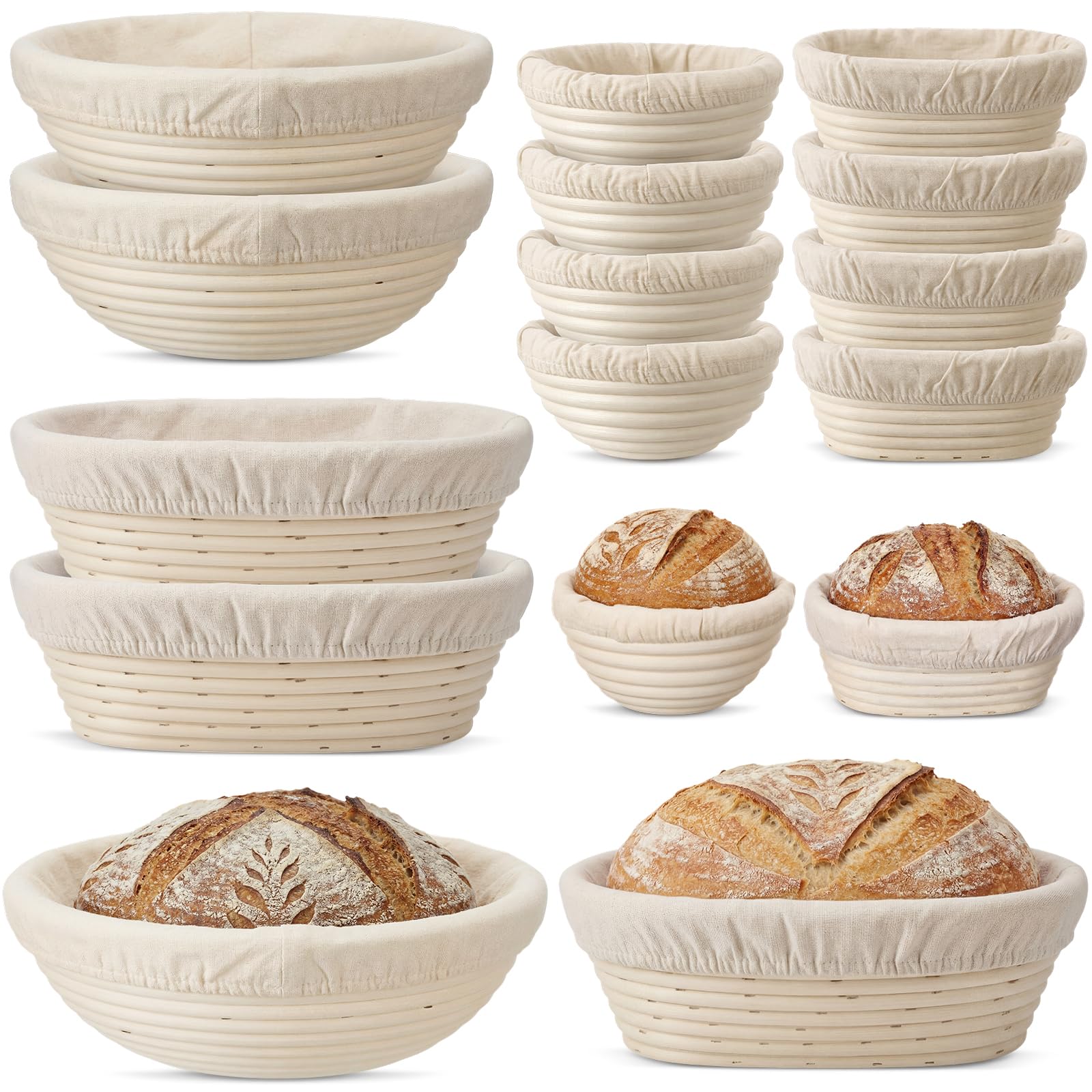 Yiyiring Set of 12 Banneton Bread Proofing Basket with Liner, 5inch 9inch Round and 7inch 10inch Oval Small Mini Bread Proof