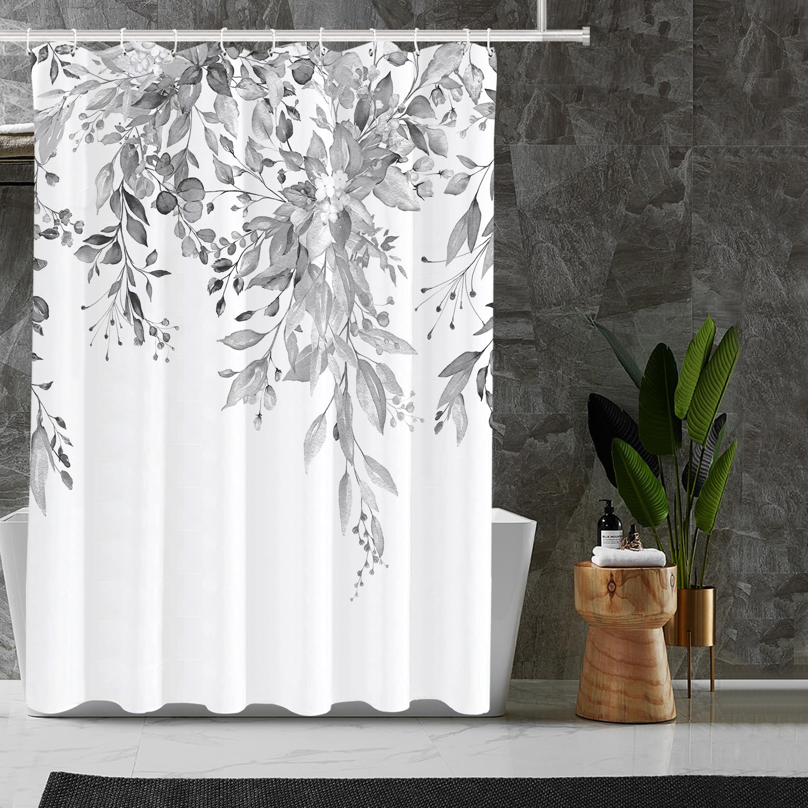 Tititex Light Grey Eucalyptus Shower Curtain Sets, Watercolor Gray Leaves On The Top Plant With Floral Bathroom Decoration 60X72