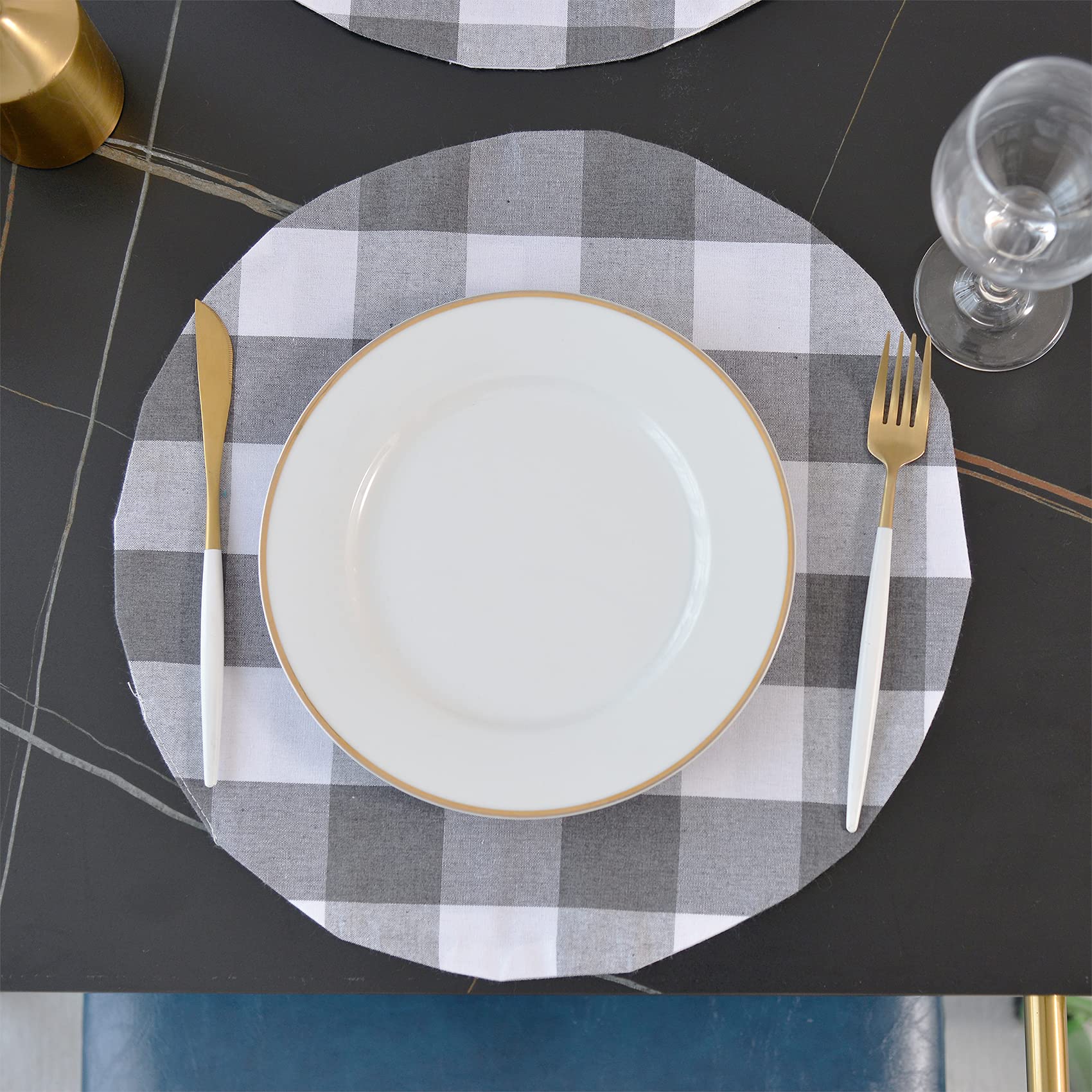Grey & White Cotton Buffalo Check Round Placemat, Set Of 4, 15 Inch Eco-Friendly Fabric Handcrafted Machine Washable Indoor & Ou