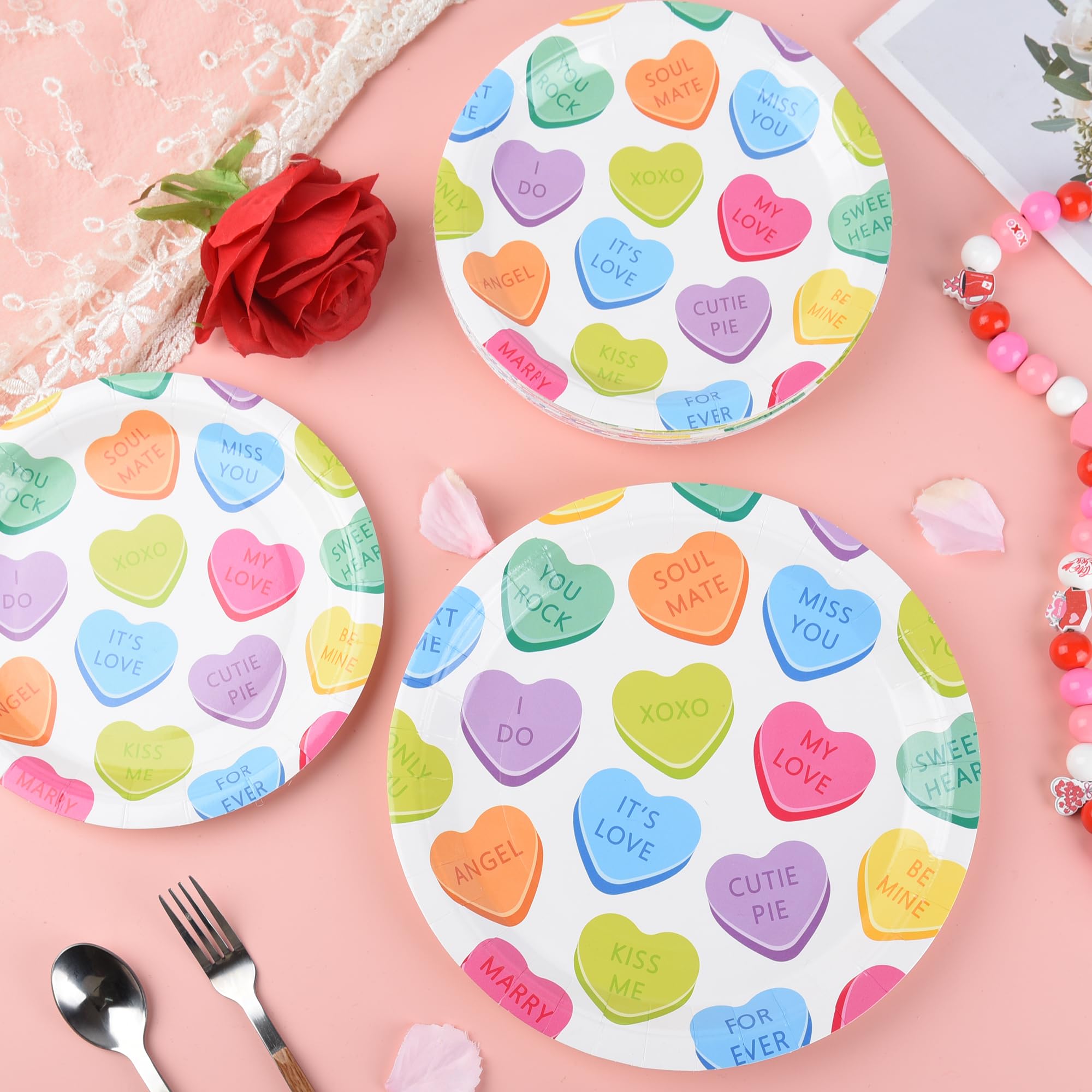 Allreal 50Pcs Valentine'S Day Paper Plates Conversation Heart Party Plates Red Colorful Decorative Hearts Disposable Round Dinne