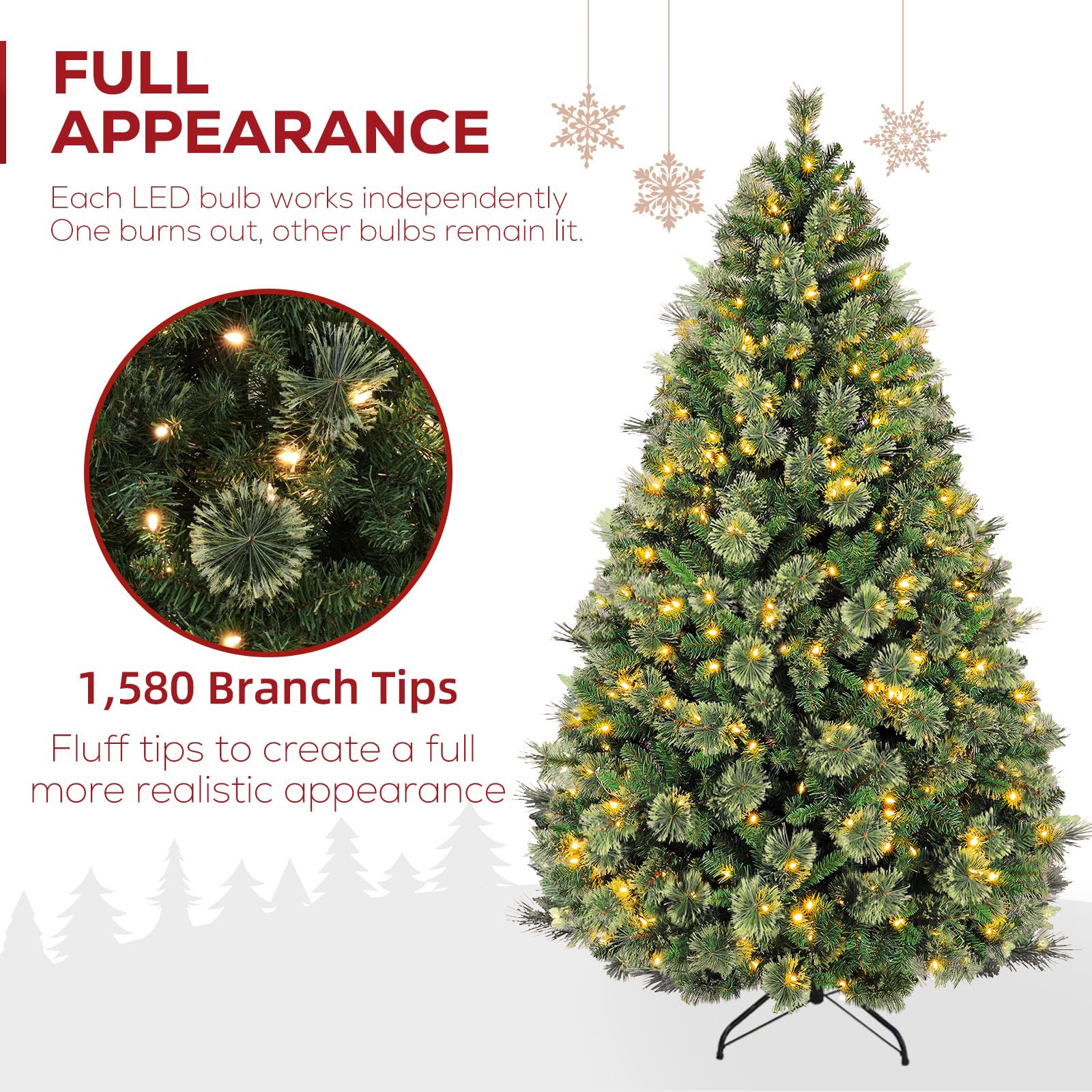 Hykolity 7.5 ft Prelit Christmas Pine Tree, Artificial Christmas Tree with 450 Warm White Lights, 1580 PVC Branch Tips, Metal St