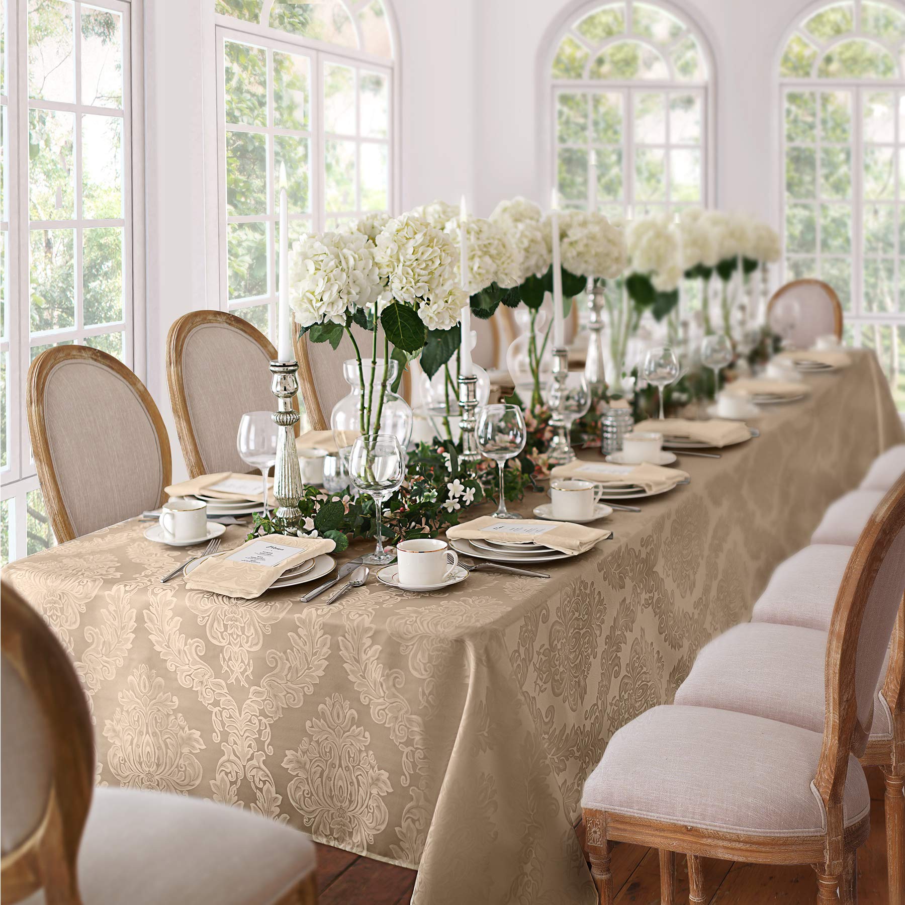 Newbridge Barcelona Luxury Damask Fabric Tablecloth, 60    Wide X 84    Rectangle, Golden Beige, 100% Polyester, No Iron, Soil R
