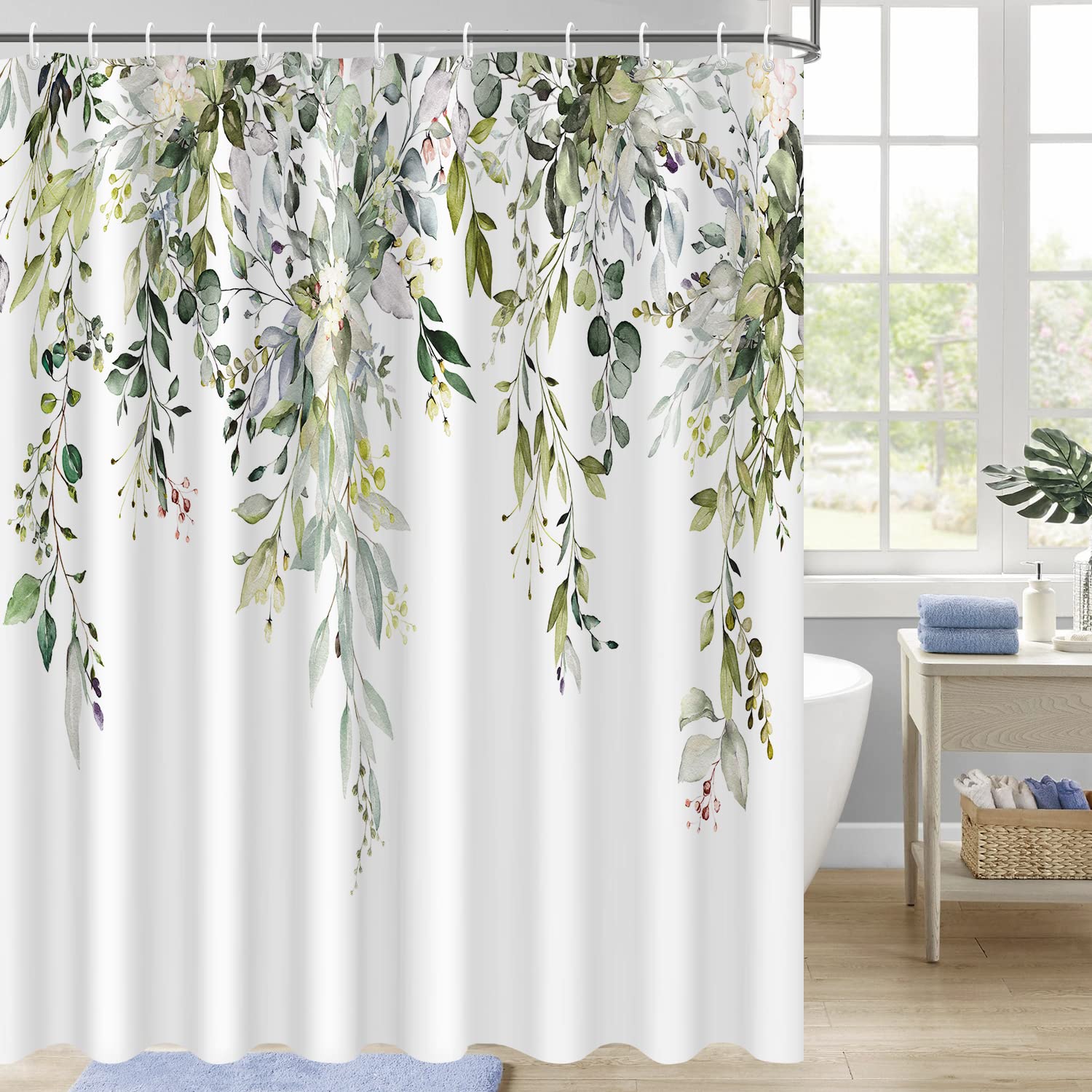 Nuseiis Sage Green Eucalyptus Shower Curtain  Watercolor Plant Leaves Shower Curtain with 12 Hooks  Decorative Botanical Shower Curtain 72 x 72 Inch