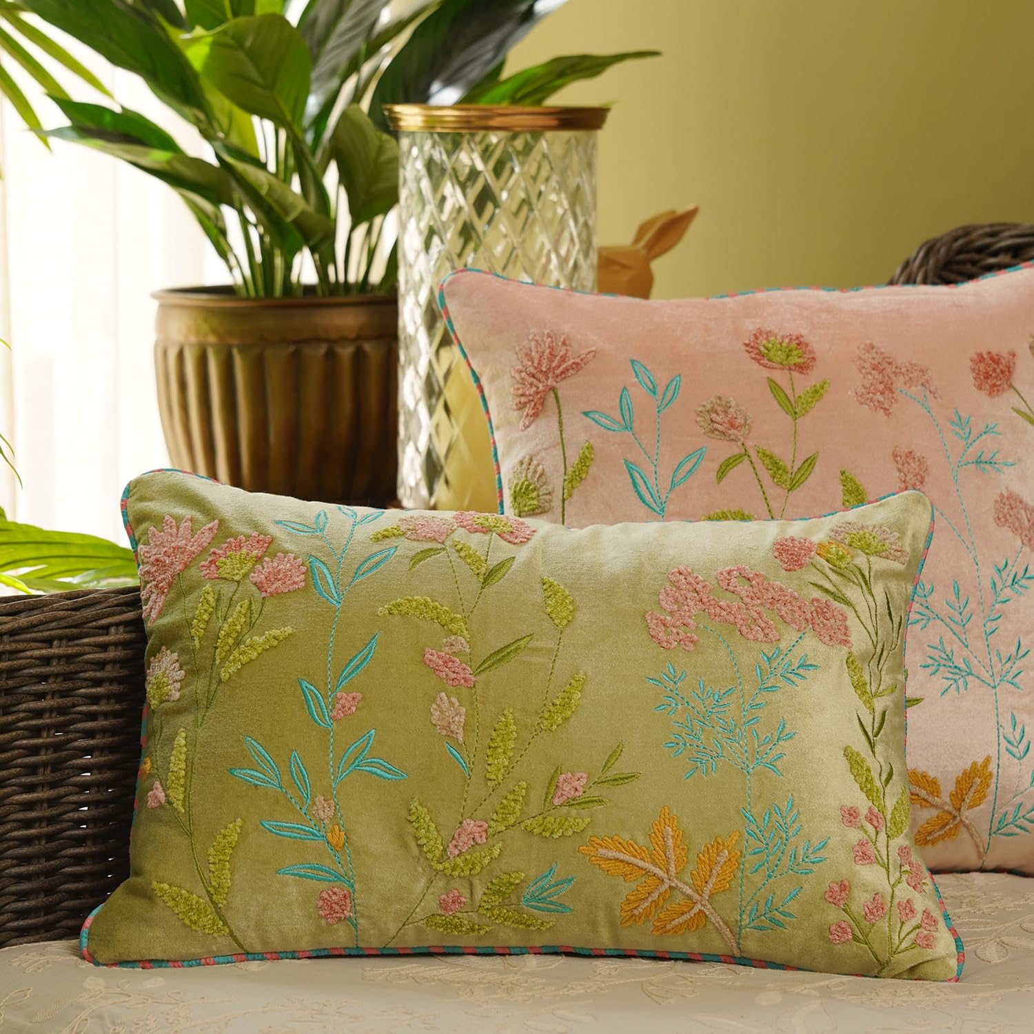 Pure Home + Living Green Multi Coloured Embroidered Rectangle Velvet Cushion For Sofa, Sleeping Pillow For Bed, Cover For Cushio