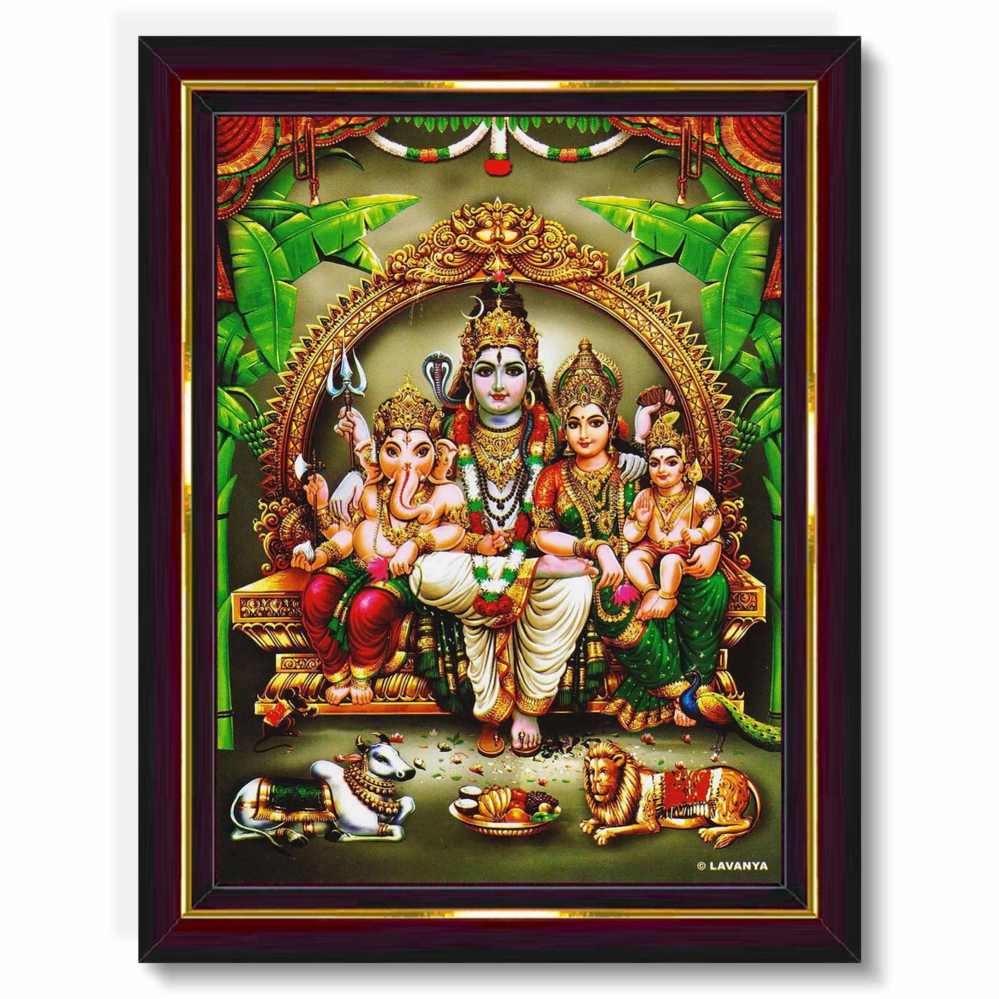 Pavan Photo Laminations Shiv Parivar Family Siva Parvati Lord Shiva Wall Painting Framed Home Decor (Wood,Matte,Brown,Big Size,1
