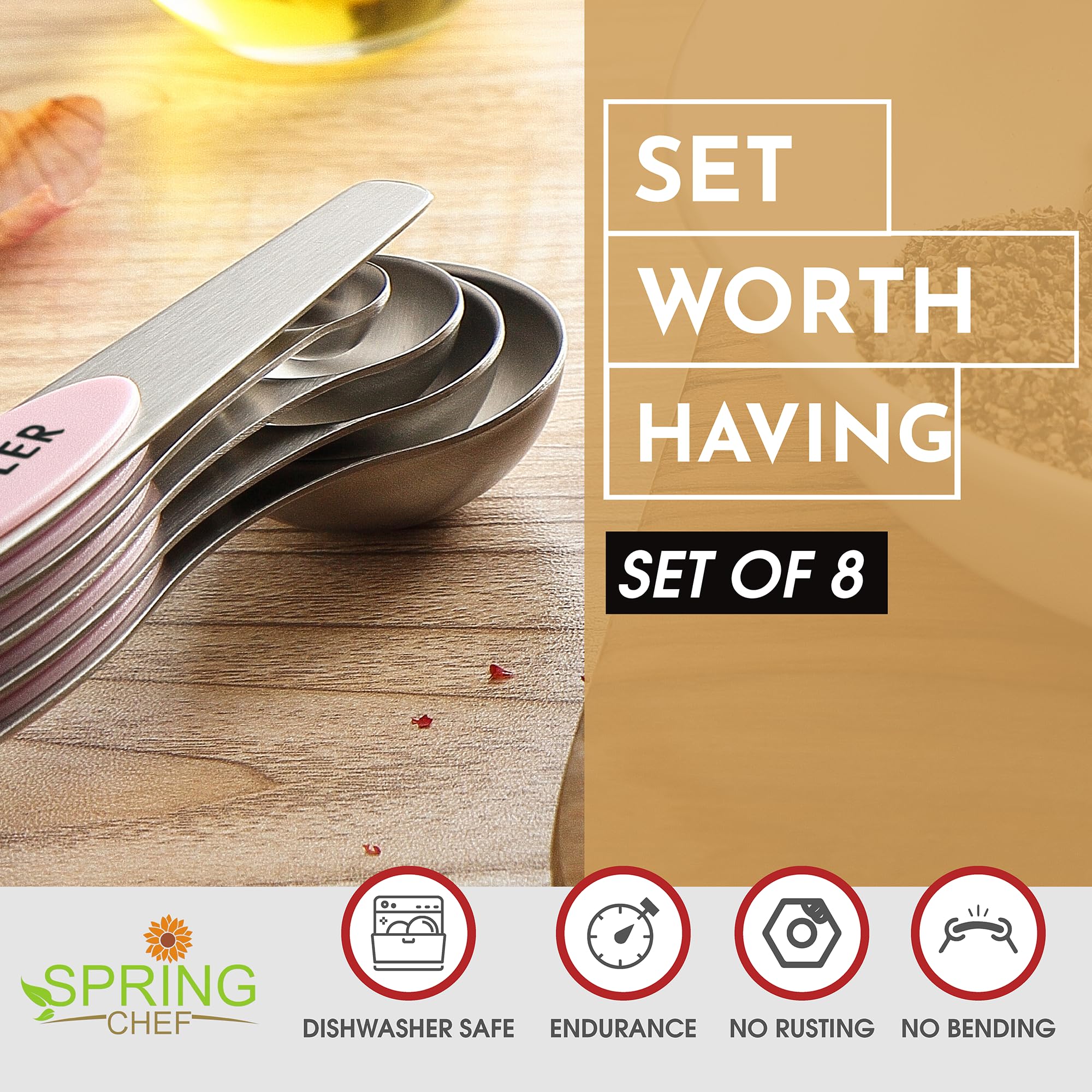 Spring Chef Stainless Steel Magnetic Measuring Spoons Set Of 8 With Leveler, Dual Sided Teaspoon & Tablespoon Measuring Spoons W