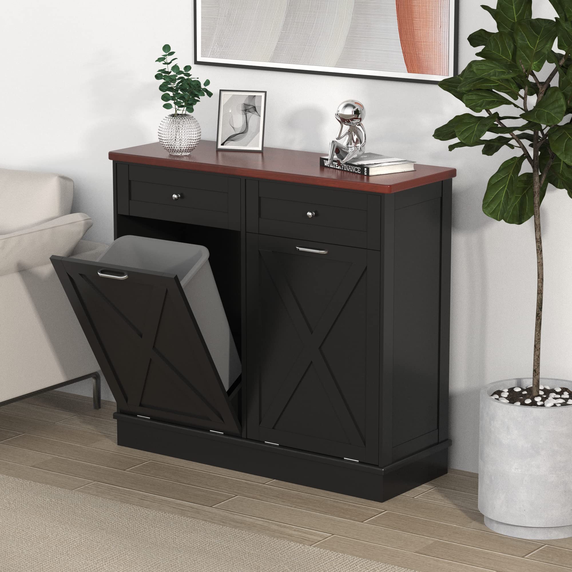 TOLEAD Double Tilt Out Trash Can Cabinet, Black Wood with Barn Door, Pet Proof, Odor Blocking, Farmhouse Style