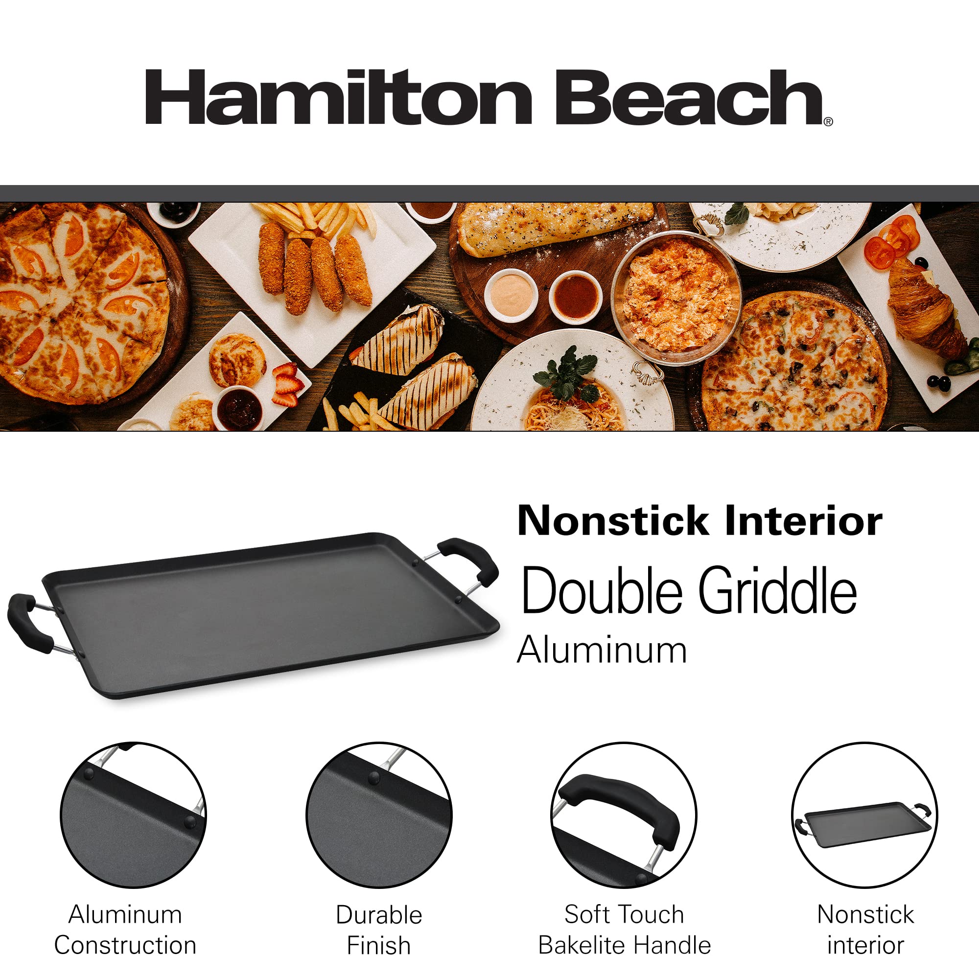 Hamilton Beach Nonstick Double Griddle 19X11-Inch - Black Aluminum Griddle With Soft Touch Bakelite Handle - Flared Edge - Spira