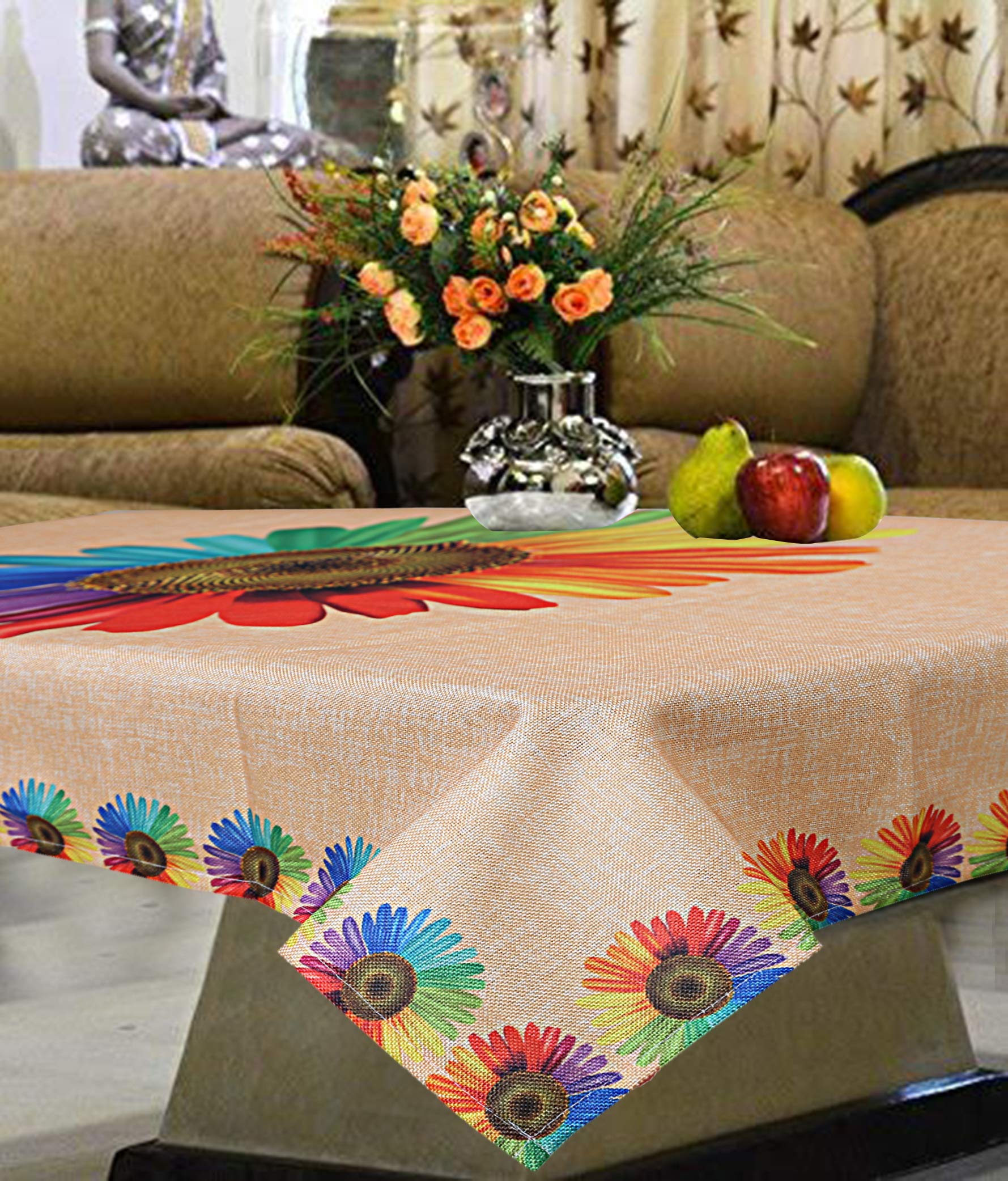 Kuber Industries Sun Flower Design Jute 4 Seater Center Table Cover - Gold