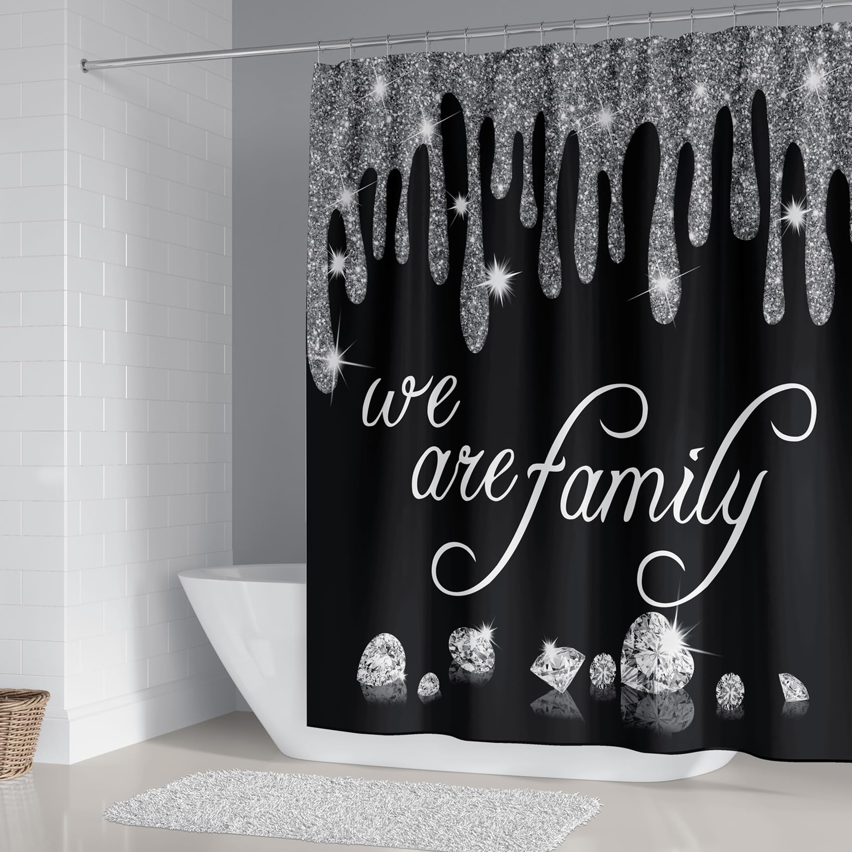 4Pcs Family Glitter Diamond Shower Curtain Sets, Black Famliy Shower Curtain With Toilet Lid Cover And Rugs, Luxury Bling Shiny
