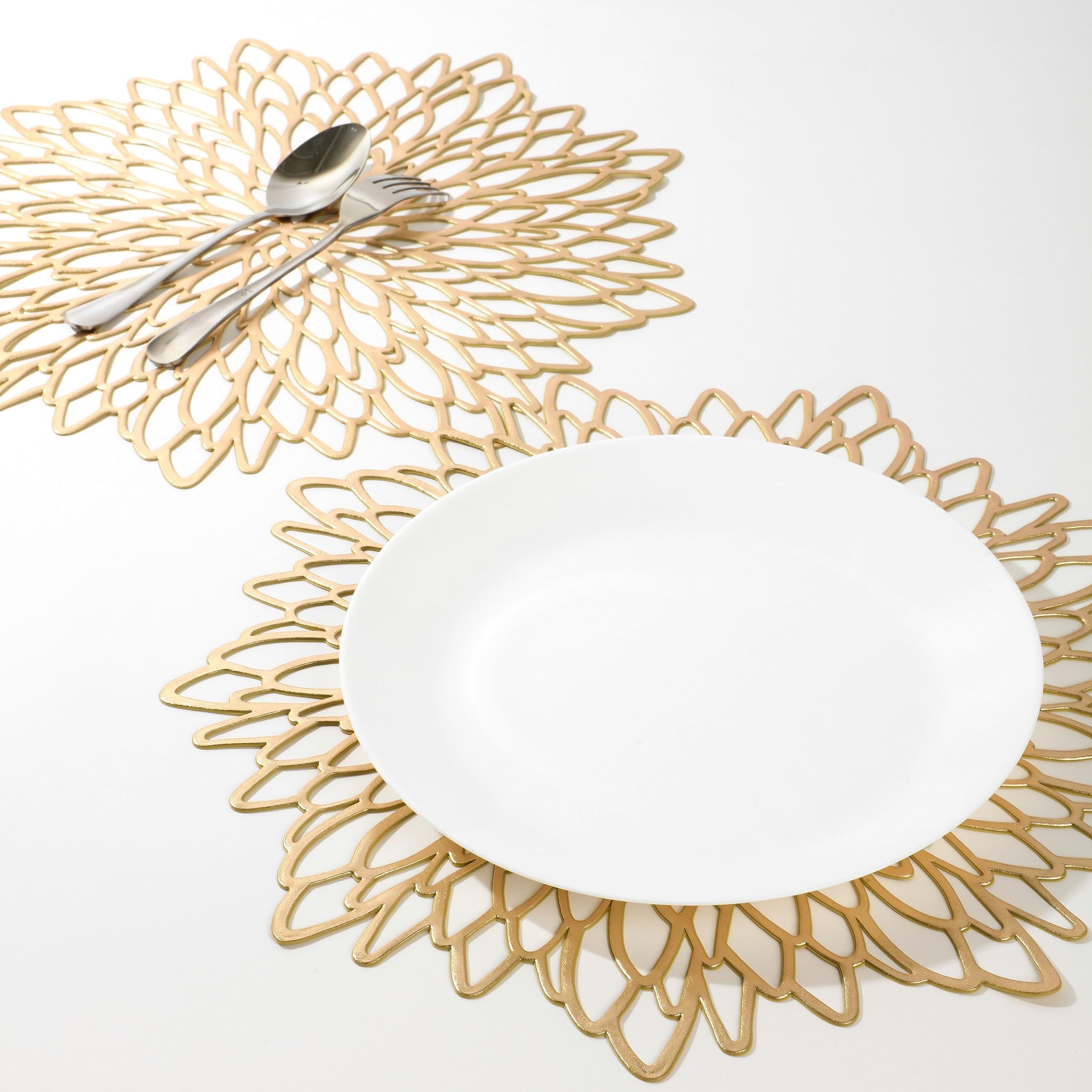 Snowkingdom Pairs Of 18 Gold Metallic Round Placemats & Coasters 36 Pcs Matching, Bulk Round Pressed Vinyl Leaf Dinning Kitchen