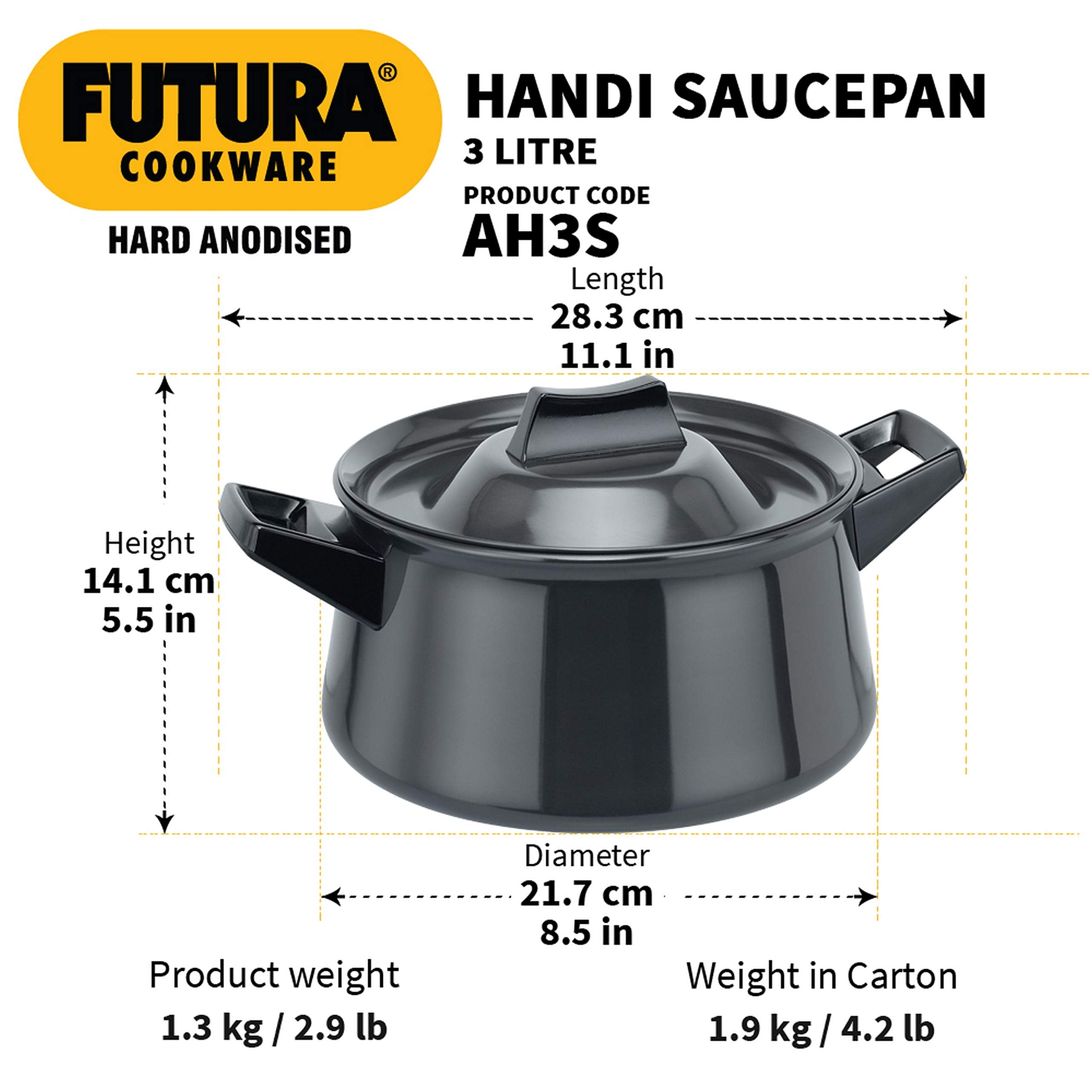 Futura Hard Anodised Handy Sauce Pan With Lid And 2 Handles, 3-Liter,Black,21Cm