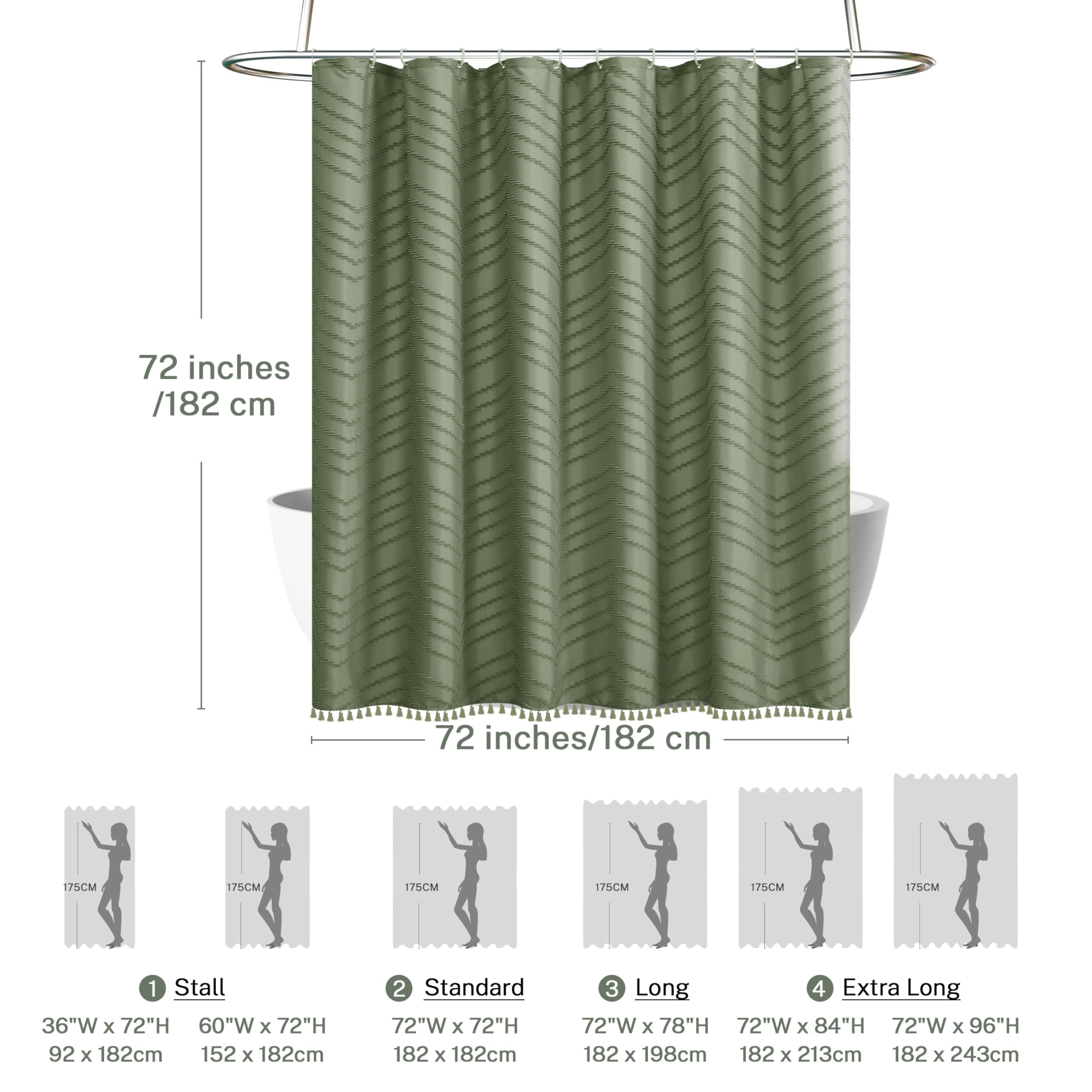 Boho Shower Curtain With Tassel Woven Fabric Sage Green Shower Curtain 72 X 72 Modern Farmhouse Textured Tufted Chevron Striped