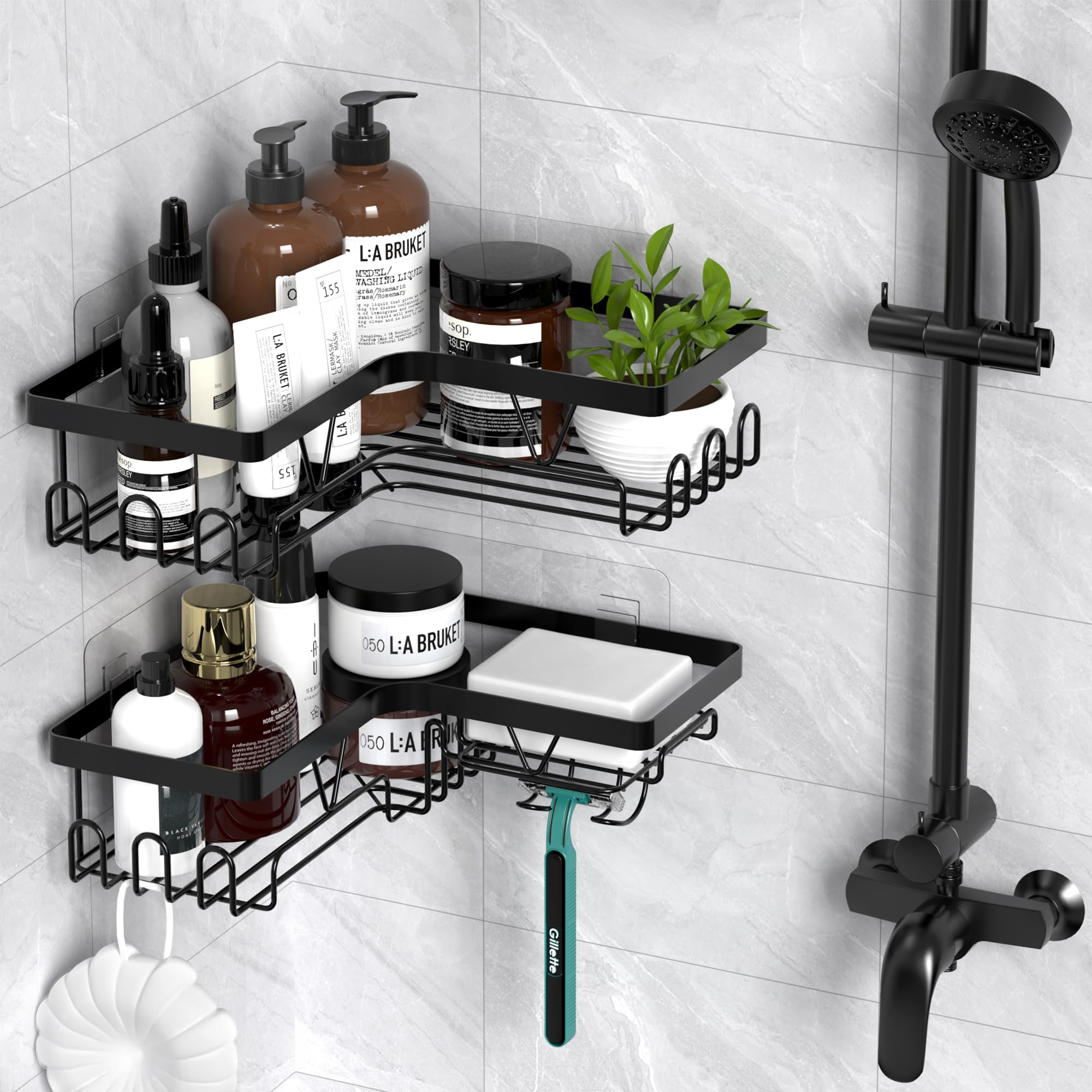 Kegii Corner Shower Caddy Shelf, Adhesive Shower Organizer With Hooks, Shower Shelves For Inside Bathroom, Black Shower Caddy No