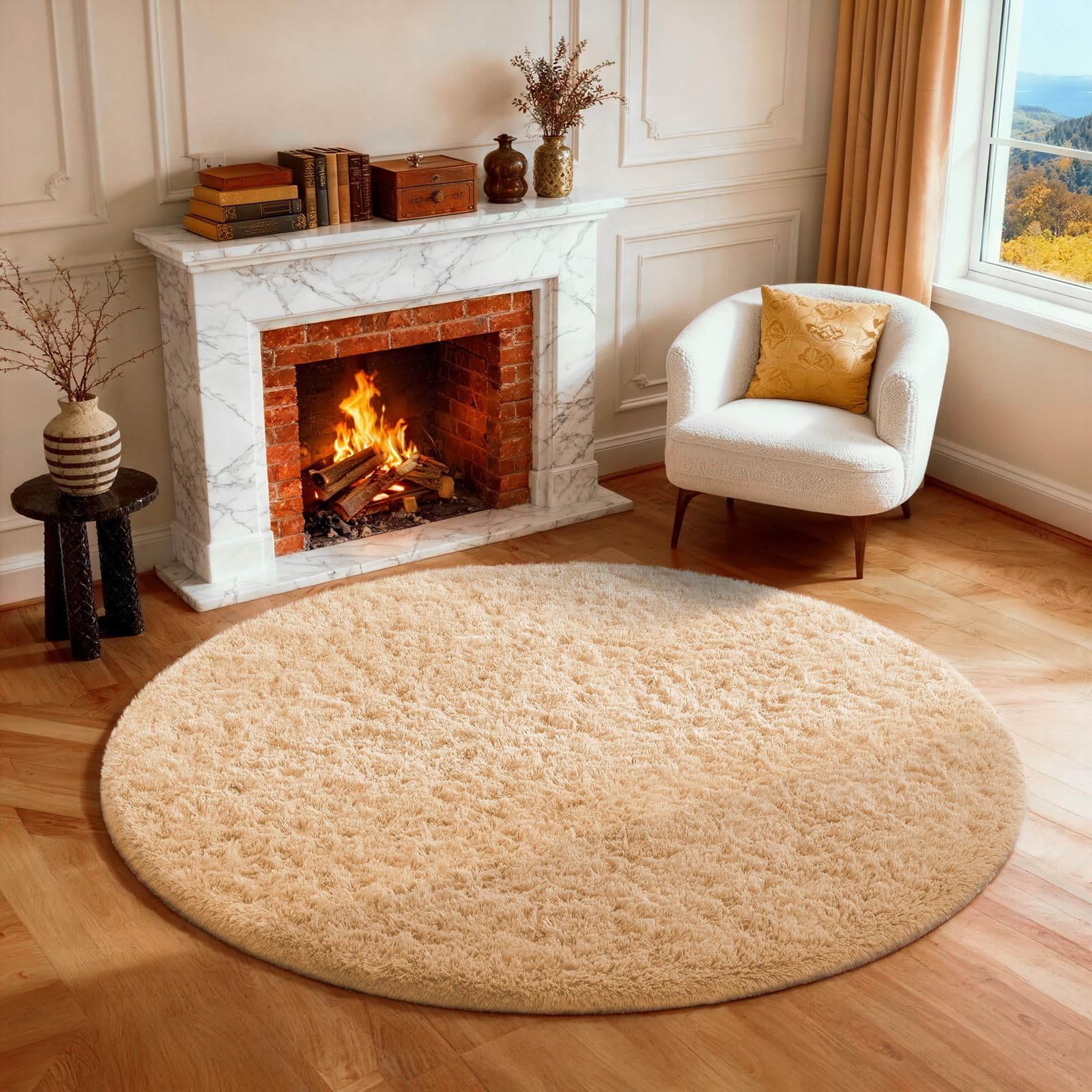 Ophanie Round Rug 4Ft Beige Circle Area Rug, Fluffy Fuzzy Small Bedroom Carpet, Plush Soft Shaggy Floor Living Room Circular Chr