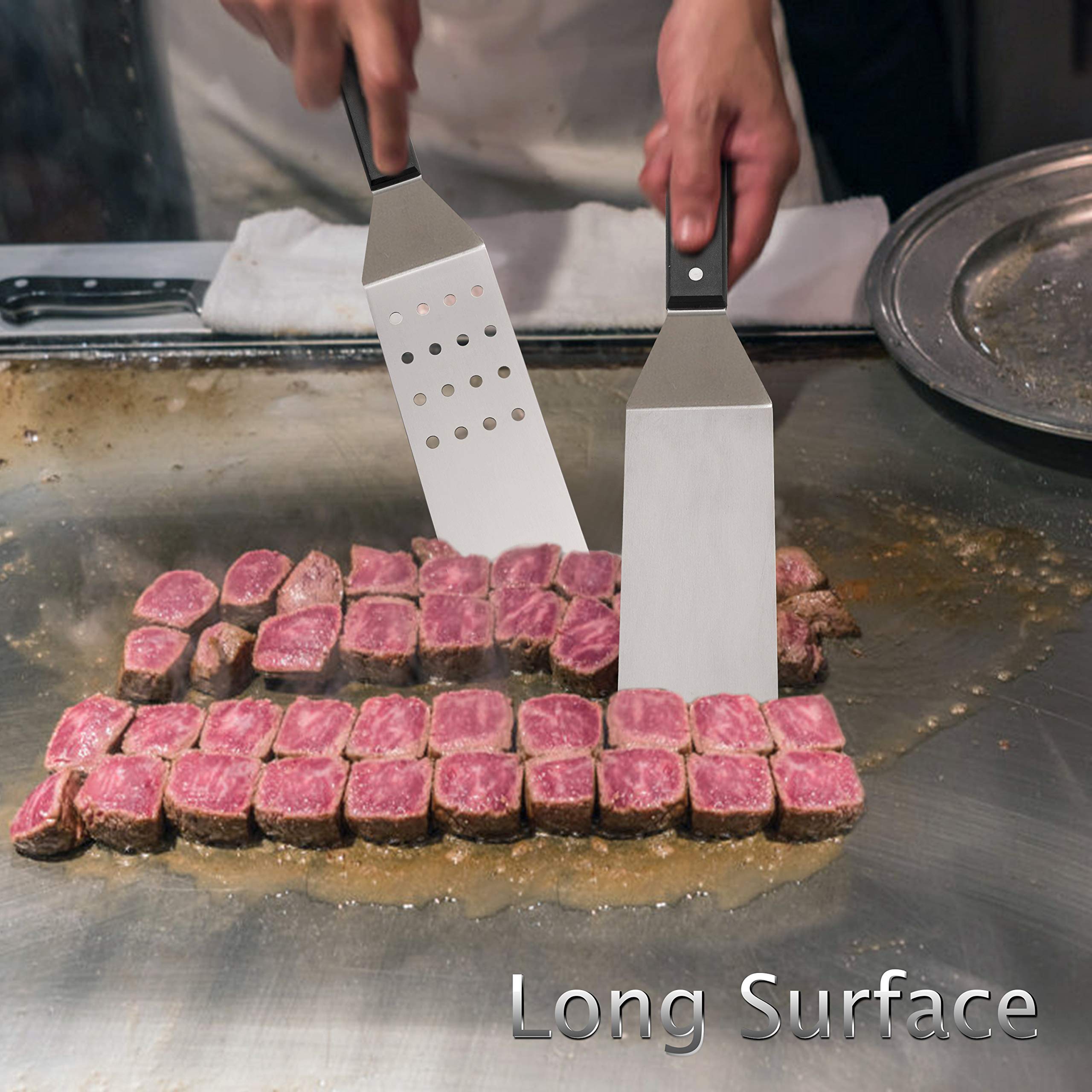 Hasteel Metal Griddle Spatula, Stainless Steel Long Spatula With Riveted Handle, Heavy Duty Perforated & Solid Spatula Burger Tu