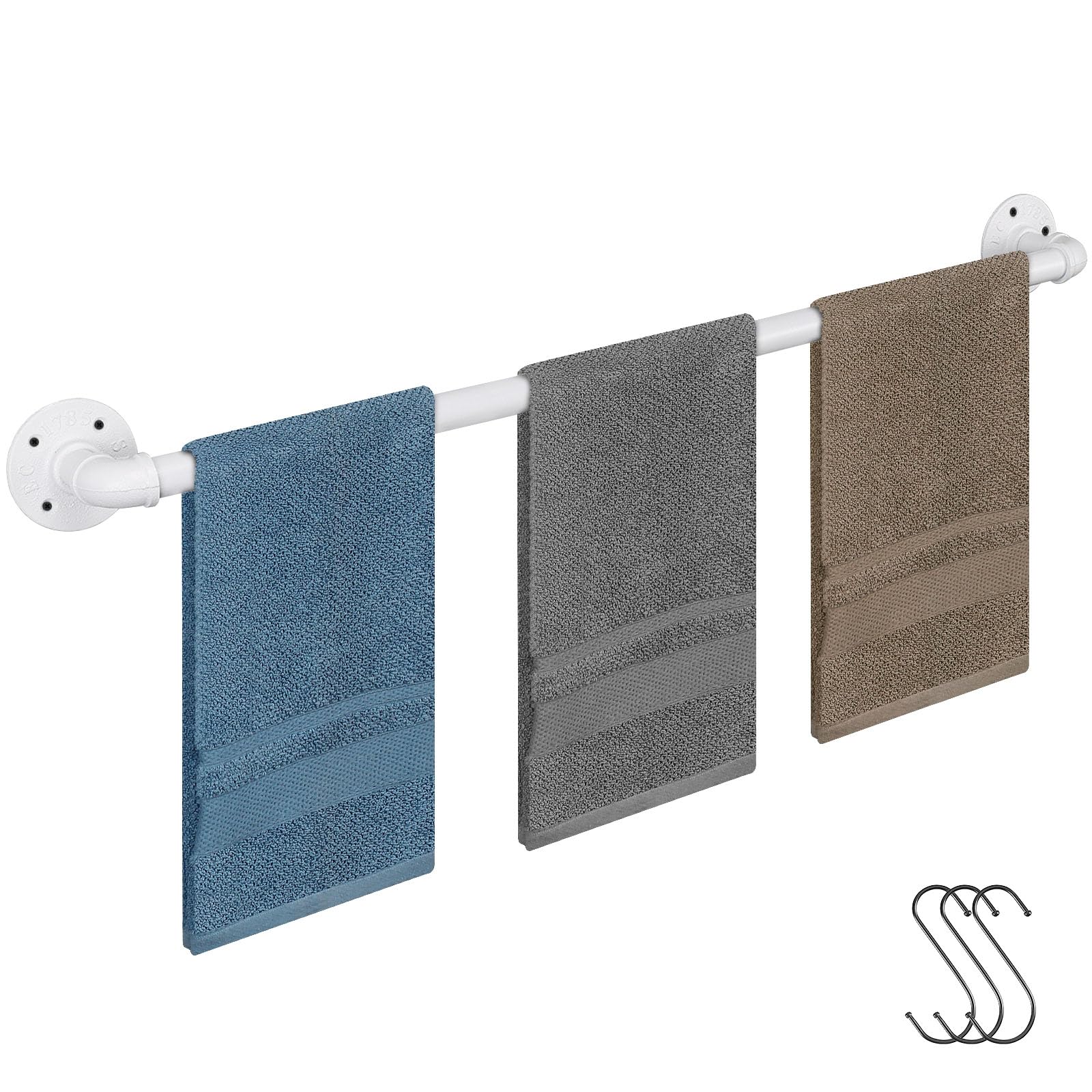 Jeasor Industrial Pipe Towel Rack Towel Bar, Heavy Duty Wall Mounted Rustic Farmhouse Bath Towel Holder For Bathroom (White, 32)