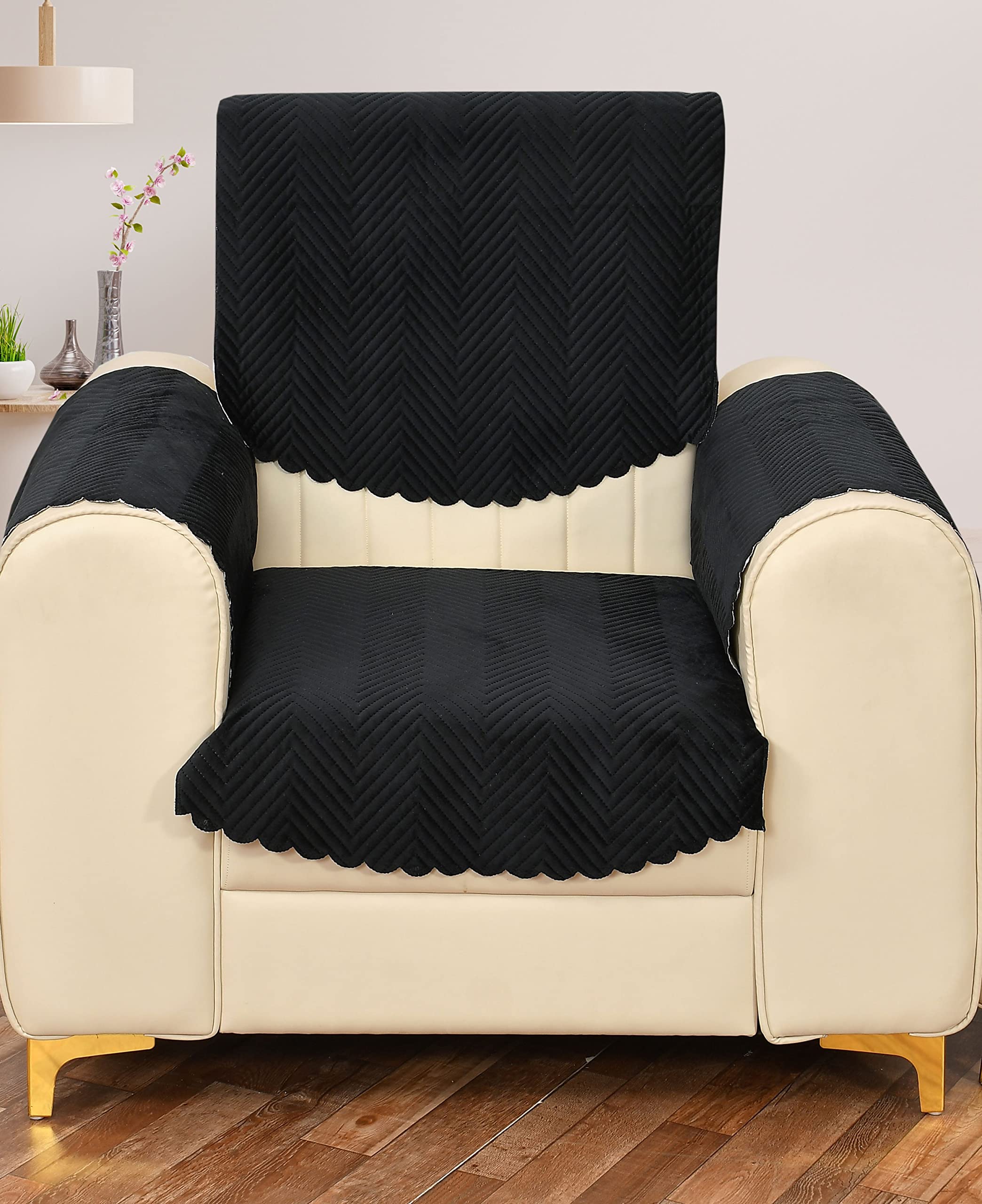 Yellow Weaves 1 Seater Quilted Sofa Chair Cover With Arm Cover, Seat & Back Cover, Color - Black