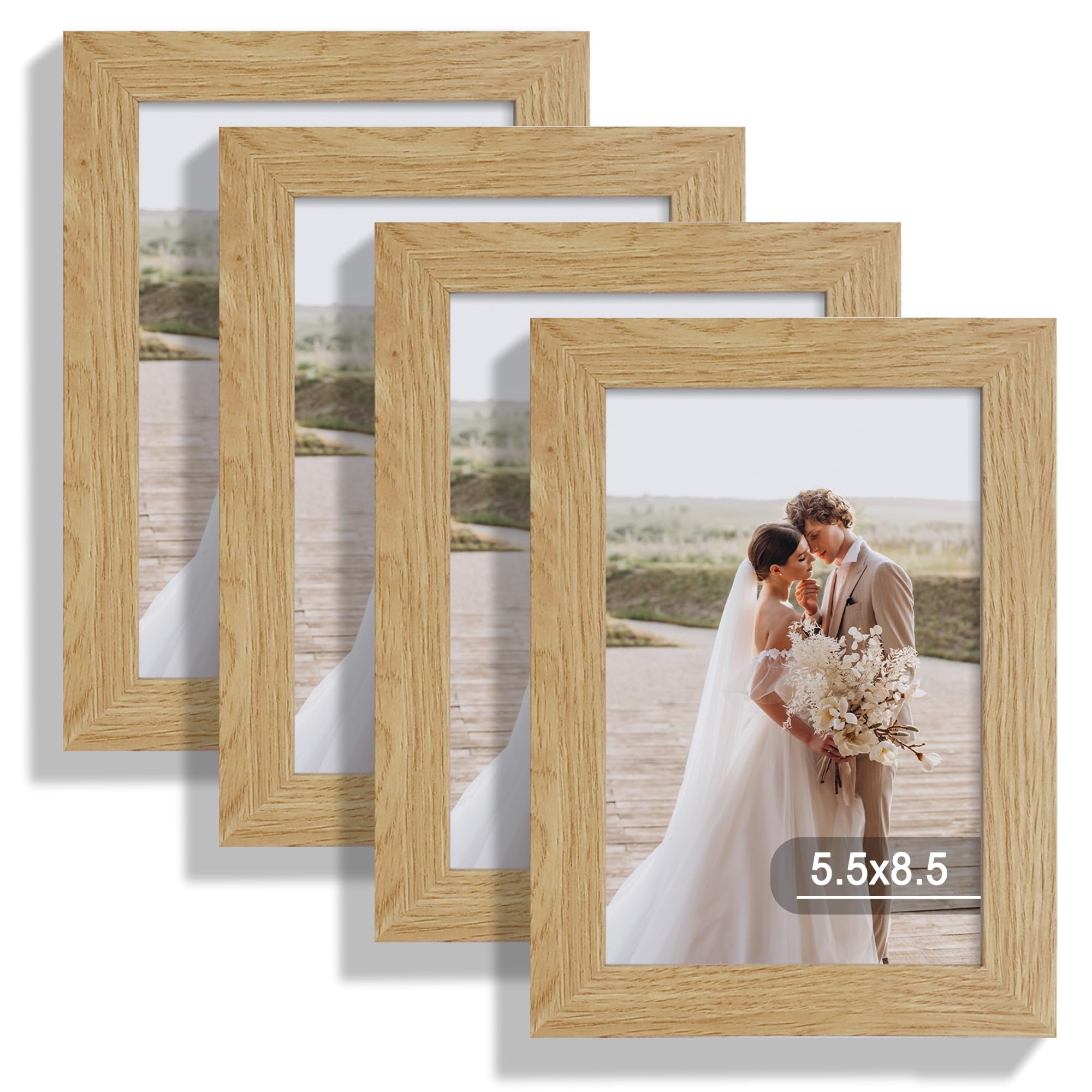 Hongkee 5.5X8.5 Picture Frame Set Of 4, Made Of Real Glass And Natural Oak Frame, 5.5 By 8.5 Photo For Wall Or Tabletop