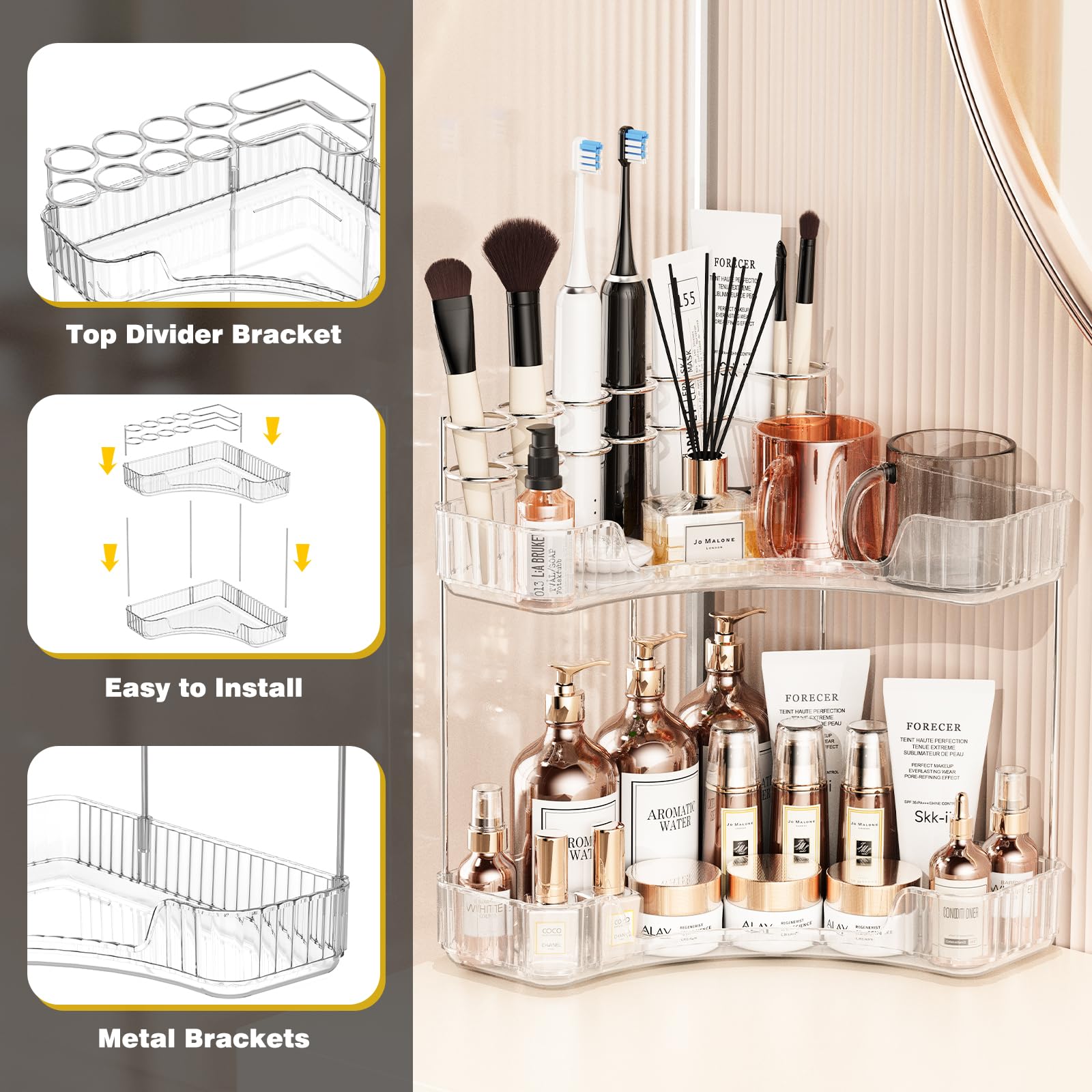 Asayuee 2-Tier Corner Bathroom Counter Organizer With Top Toothbrush Holders,Large Makeup Organizer Countertop With Brush Holder