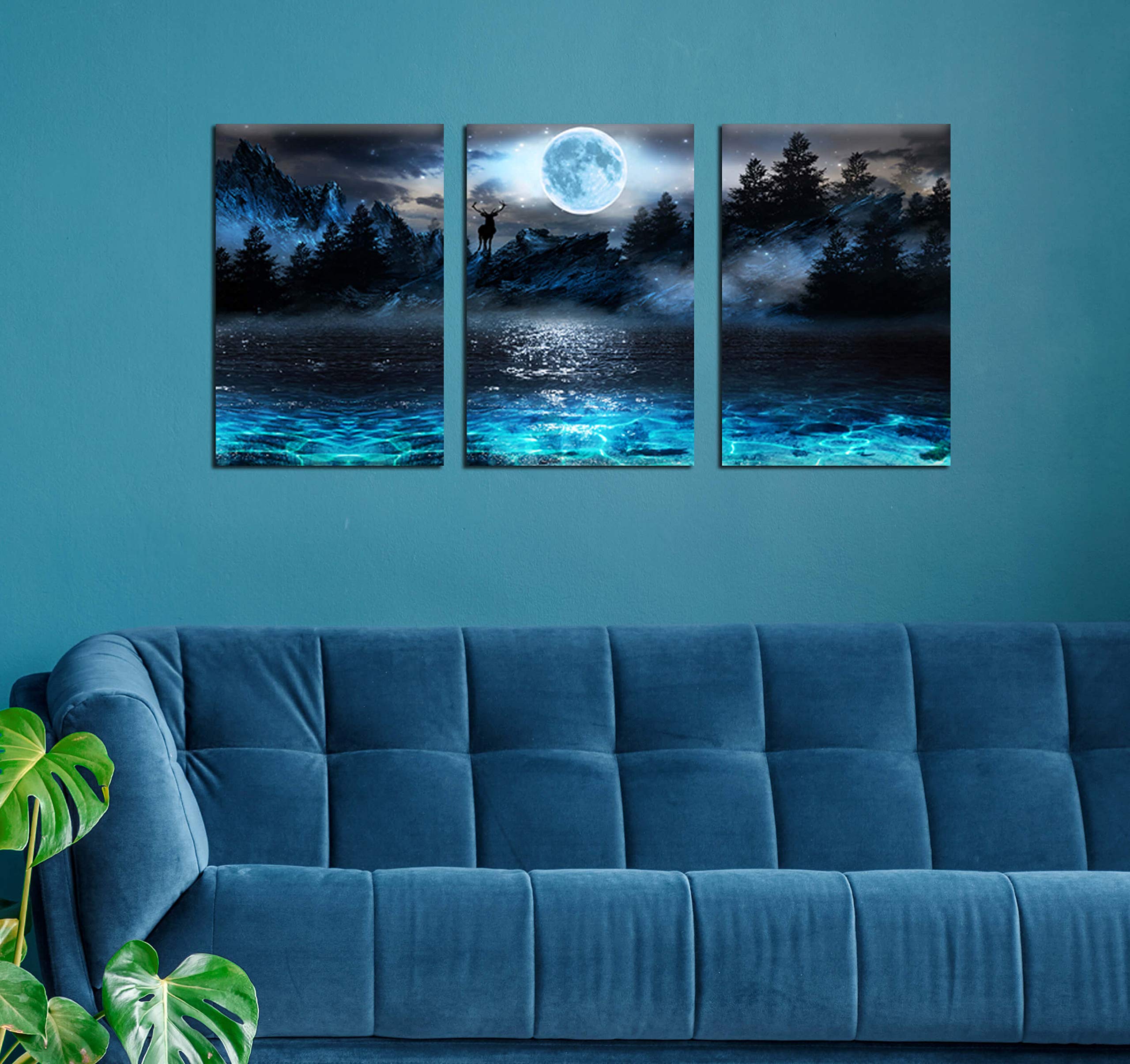 Aburaeart Moon Wall-Art - Deer Ocean Landscape Picture Wall Art For Living Room Modern Wall Decor For Bedroom - 3 Piece Canvas W
