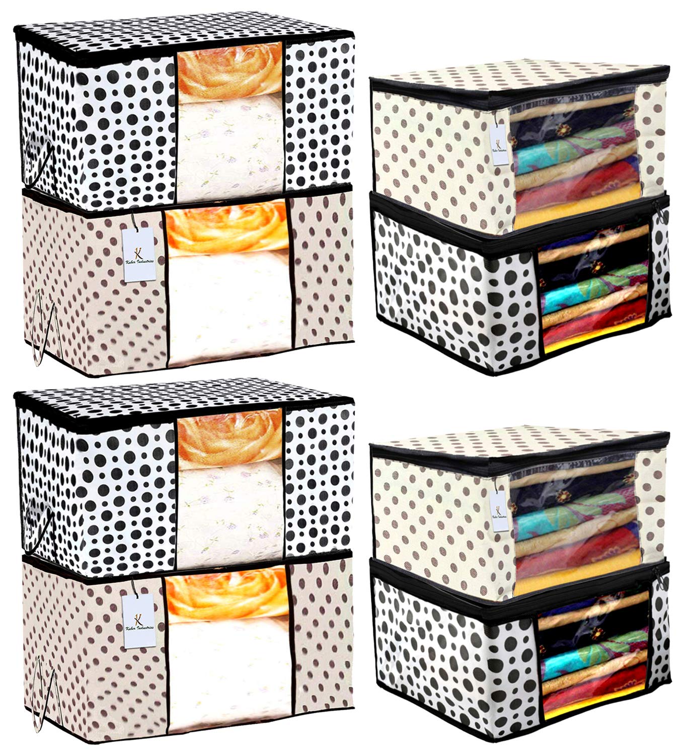 Kuber Industries Polka Dot Design 4 Piece Non Woven Saree Cover And 4 Pieces Underbed Storage Bag, Storage Organiser, Blanket Co