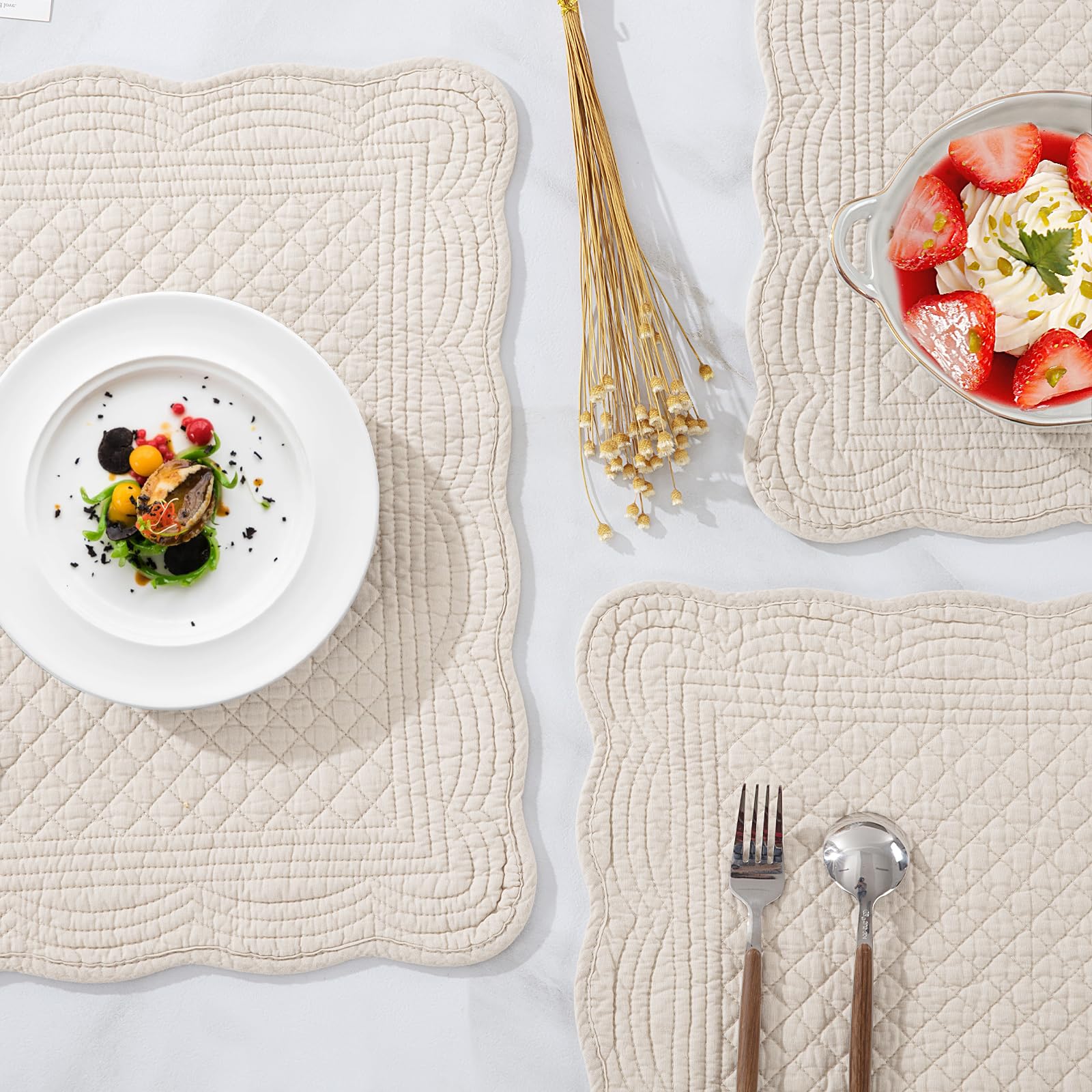 Mabozoo 100% Cotton Quilted Placemats Set Of 6,Washable Cloth Table Placemats For Kitchen & Dining Table,Rectangular Linen Color