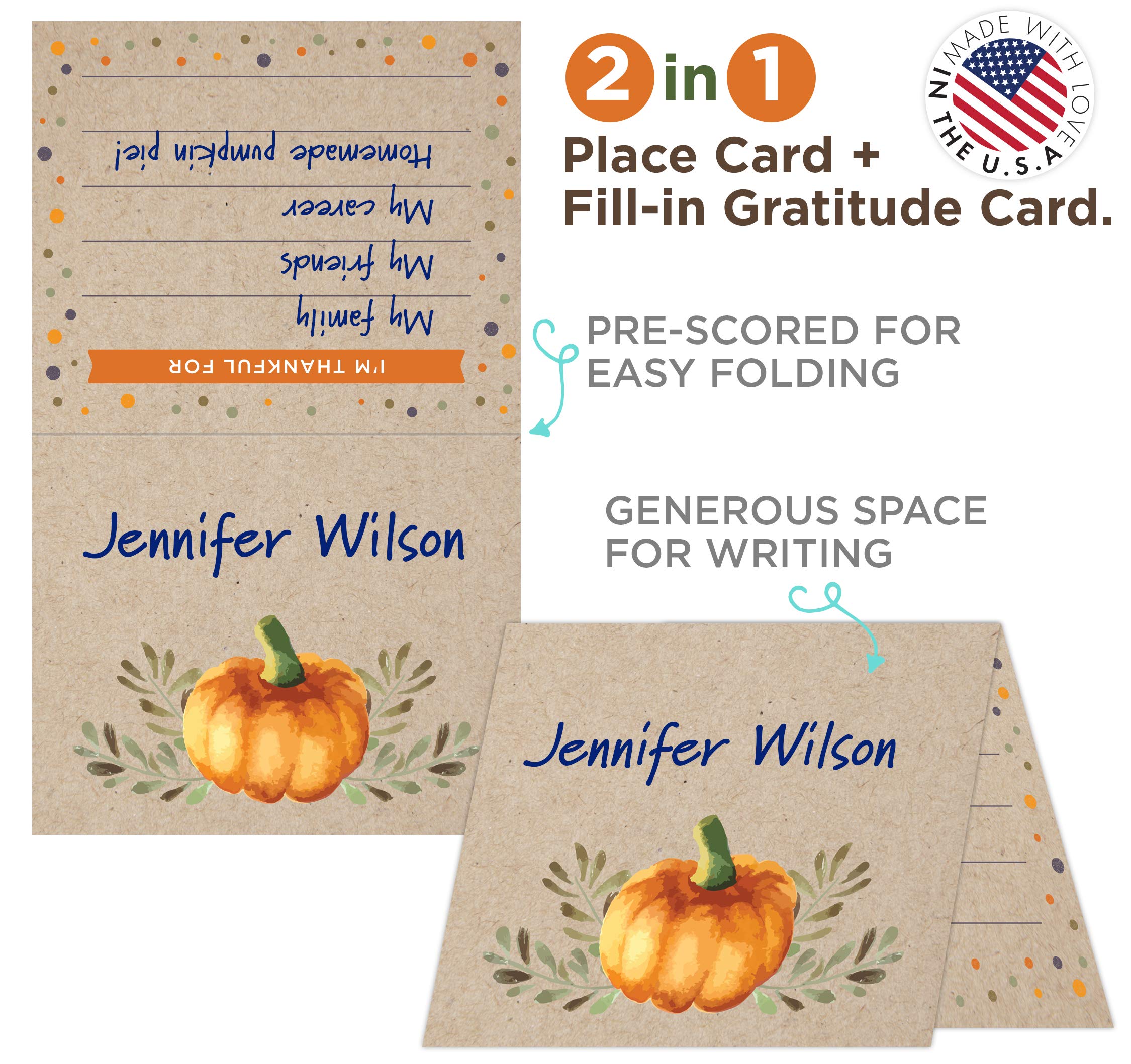 Koko Paper Co Thanksgiving Place Cards With Fill-In Gratitude Cards | Pack Of 50 Cards | Printed On Heavy Card Stock.