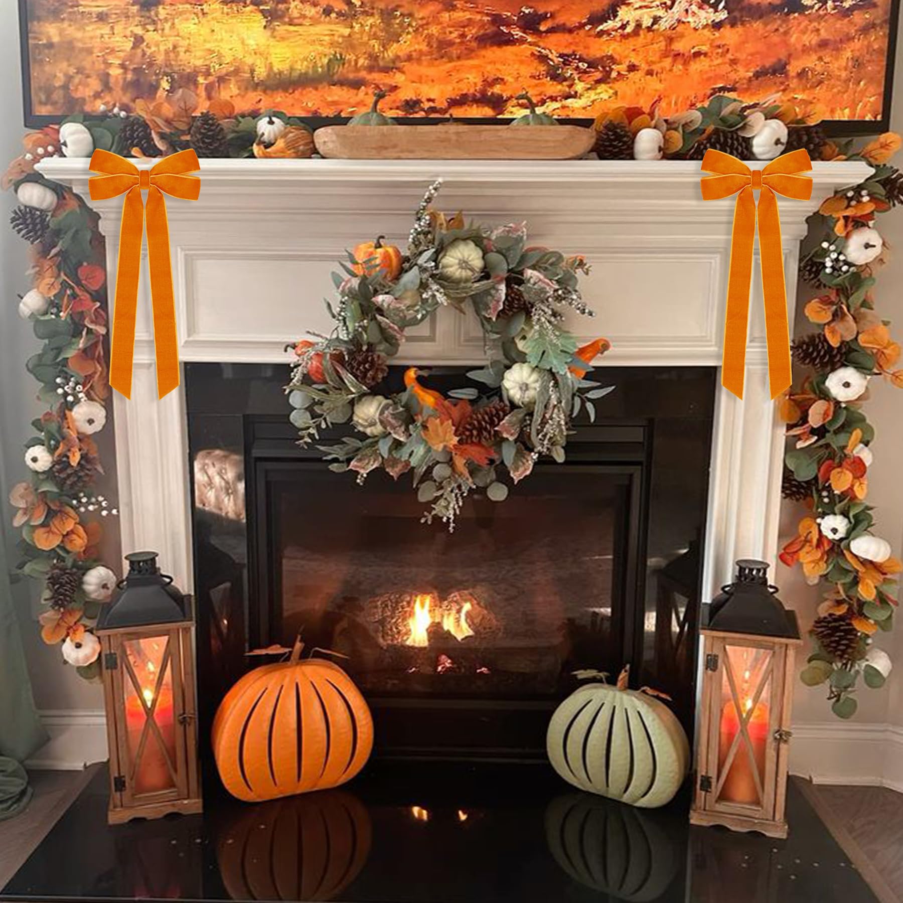 12Pcs Fall Velvet Ribbon Bows Tree Decorations,5in x 10in Orange Christmas Ornaments for Tree Home Thanksgiving Party Front Door