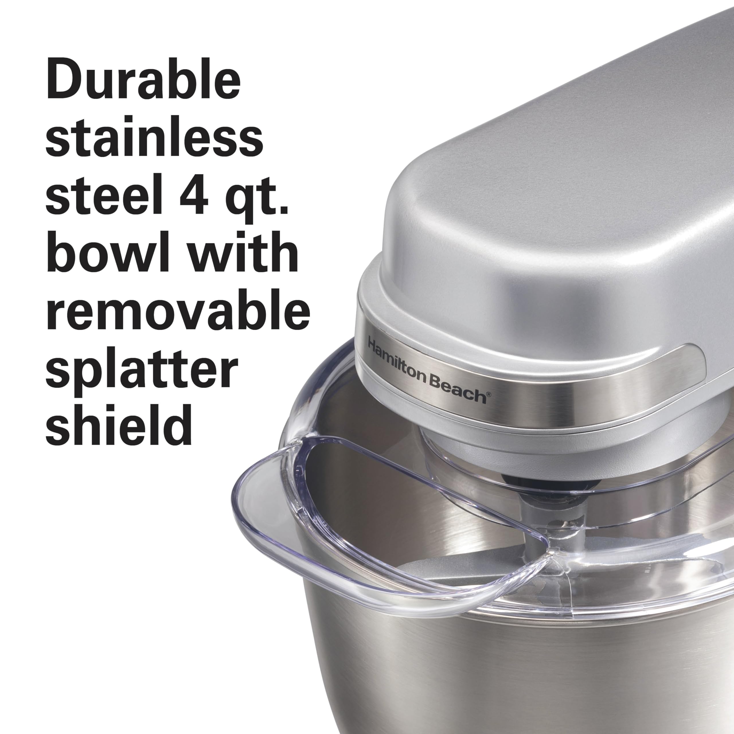 Hamilton Beach Electric Stand Mixer, 4 Quarts, Dough Hook, Flat Beater Attachments, Splash Guard 7 Speeds With Whisk, Silver