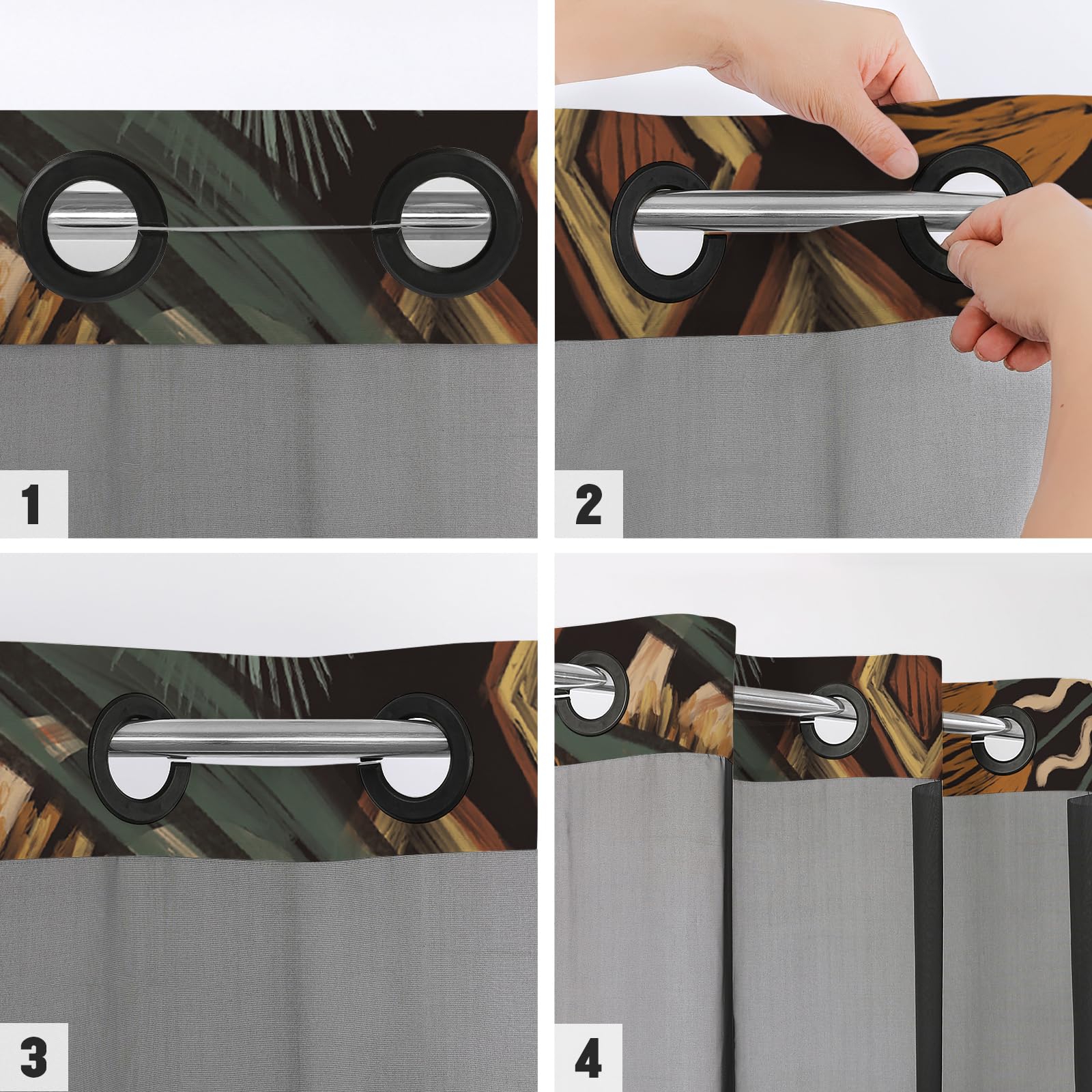 Mitovilla No Hooks Needed Boho Floral Shower Curtain Set With Snap-In Liner, Bohemia Abstract Leaves Fabric Cloth Shower Curtain