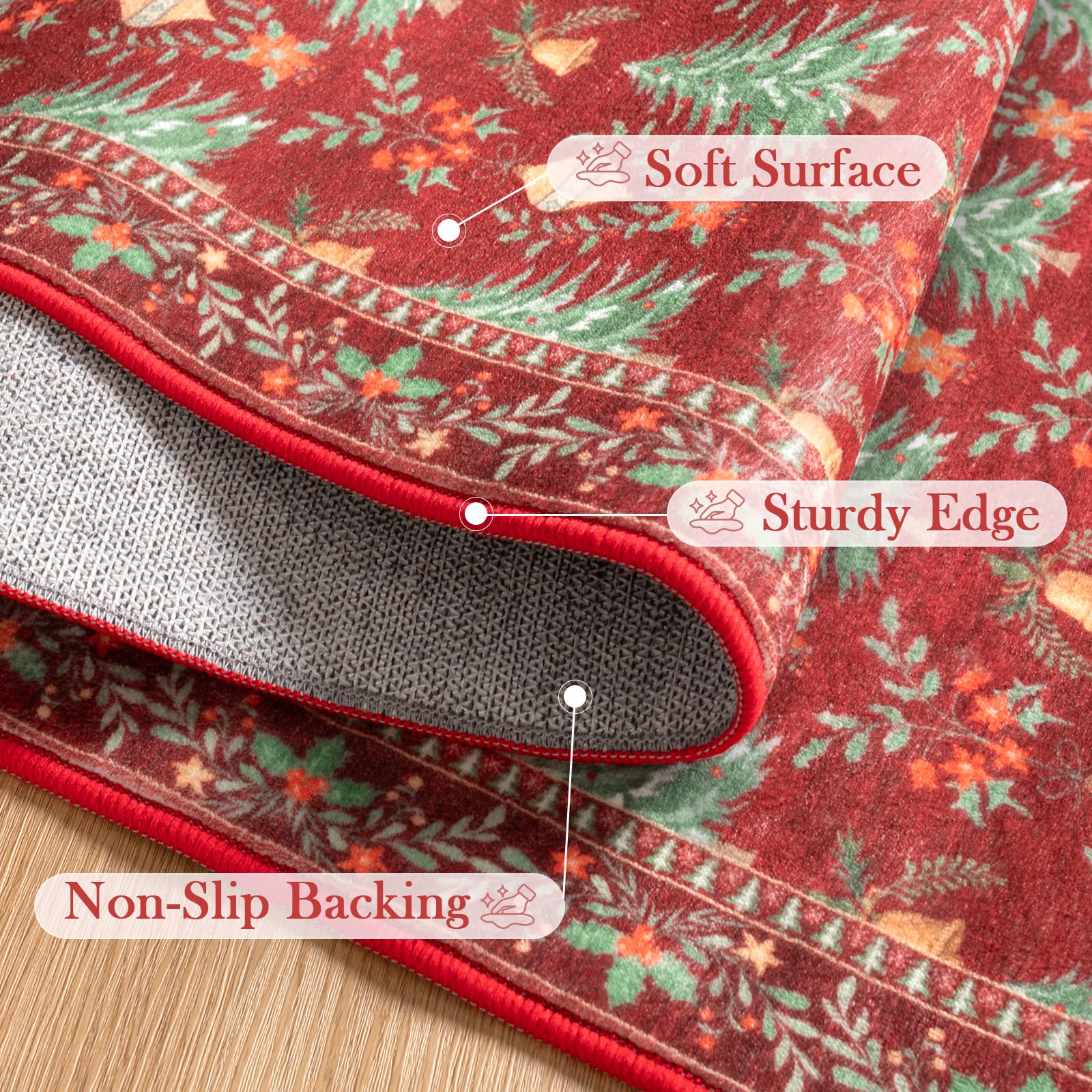 Yuemasi Christmas Rug 2x4, Red Washable Christmas Kitchen Rug Door Mat, Cozy Christmas Carpet for Entryway Non Slip, Xmas Tree P