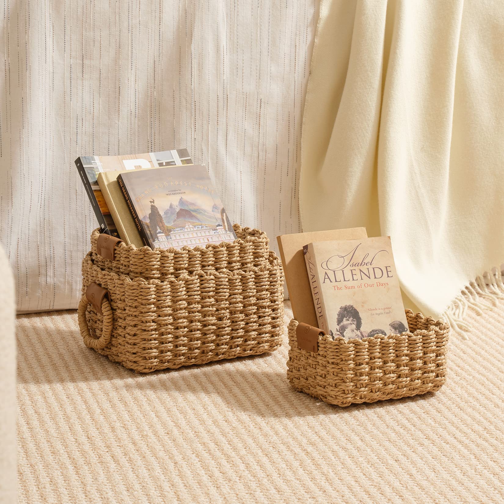 LA JOLIE MUSE Small Wicker Baskets for Organizing  Bathroom Basket with Handle  Recycled Paper Rope Storage Basket for Shelves Bathroom cupboards Drawer  Decorative Square Basket Organizer Set of 3