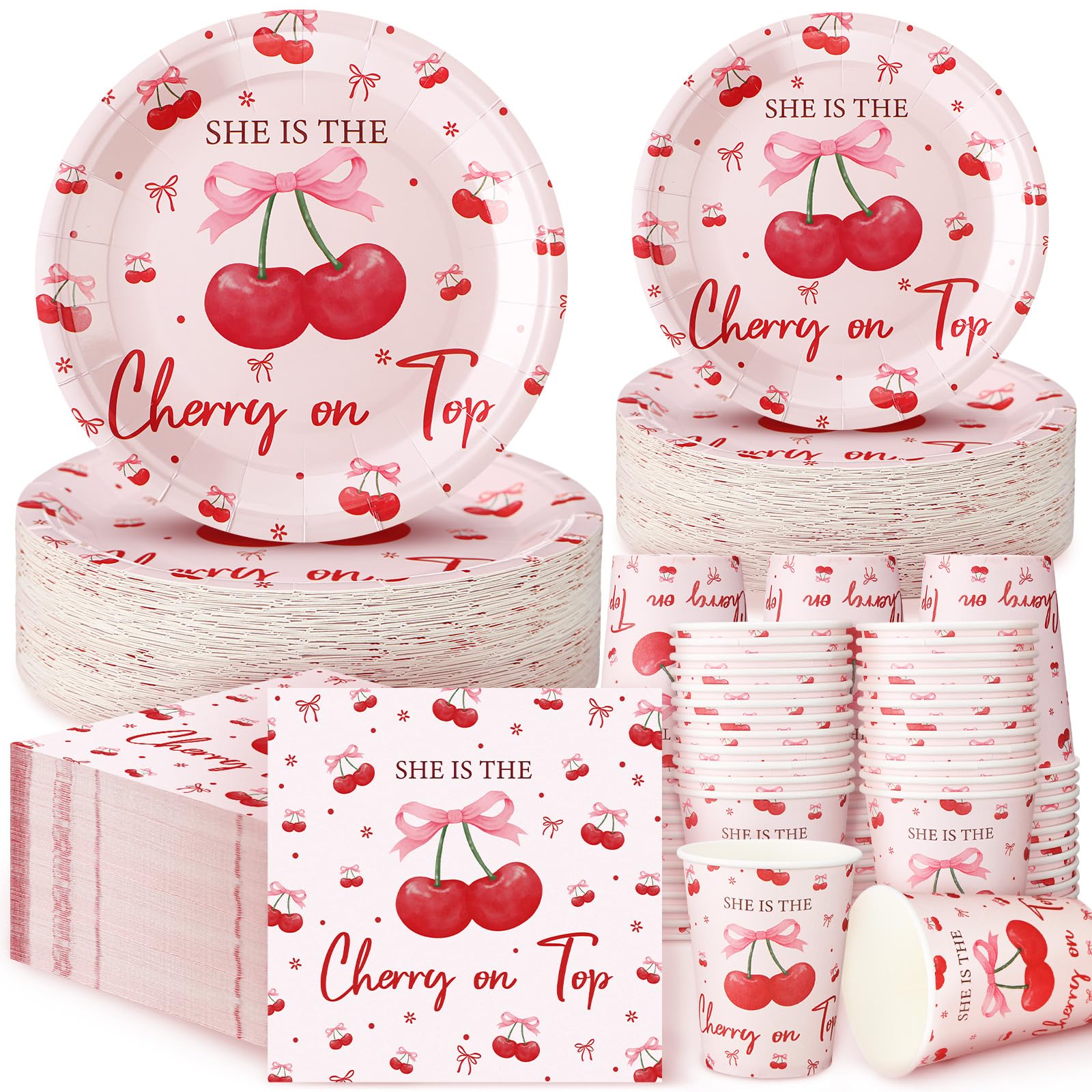 Zhehao 200 Pcs Shes the Cherry on Top Decoration Baby Shower Plates Napkins Sets Birthday Party Bridal Shower Decoration Weddin