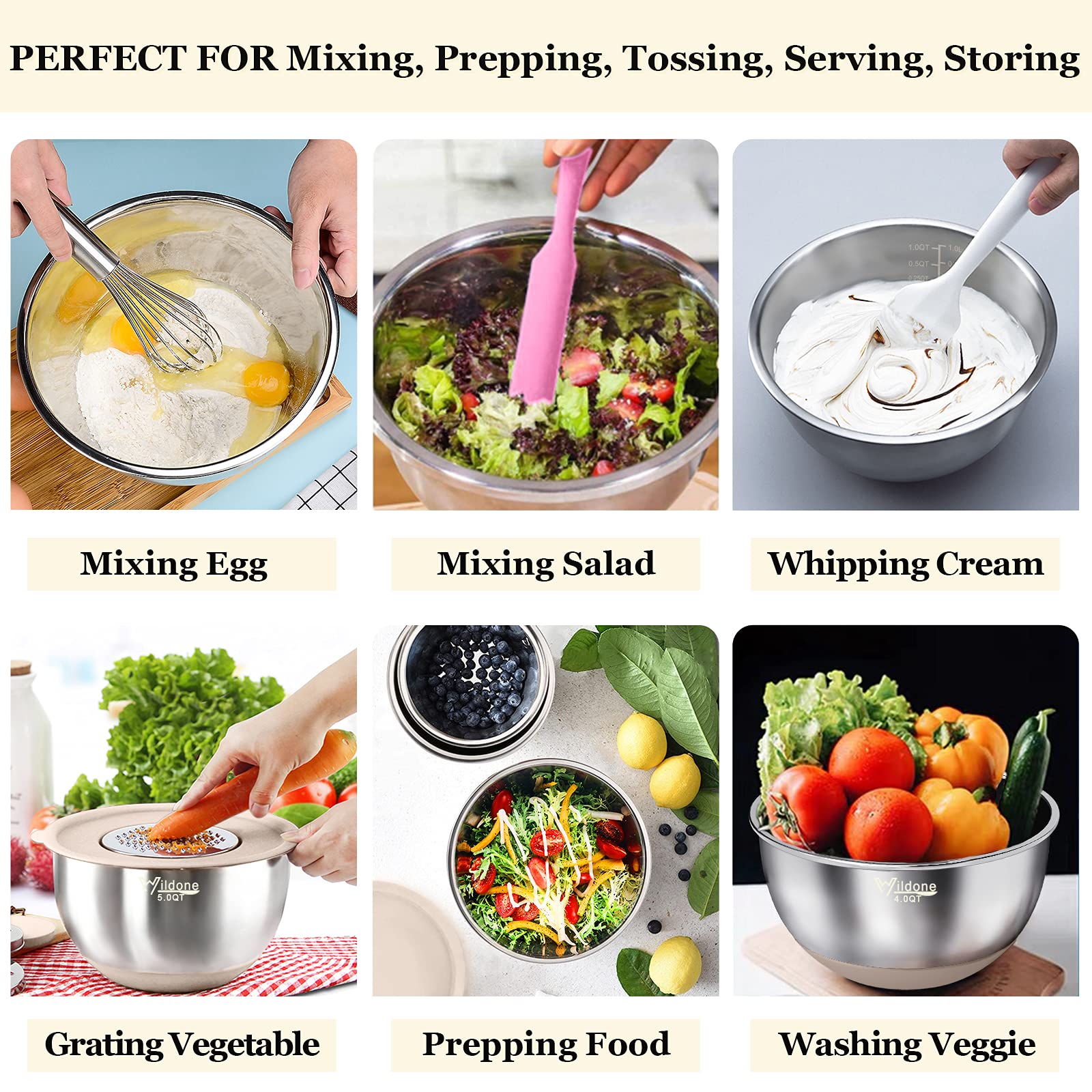 Wildone Mixing Bowls With Airtight Lids, 22 Pcs Stainless Steel Nesting Bowls, With 3 Grater Attachments, Scale Marks & Non-Slip