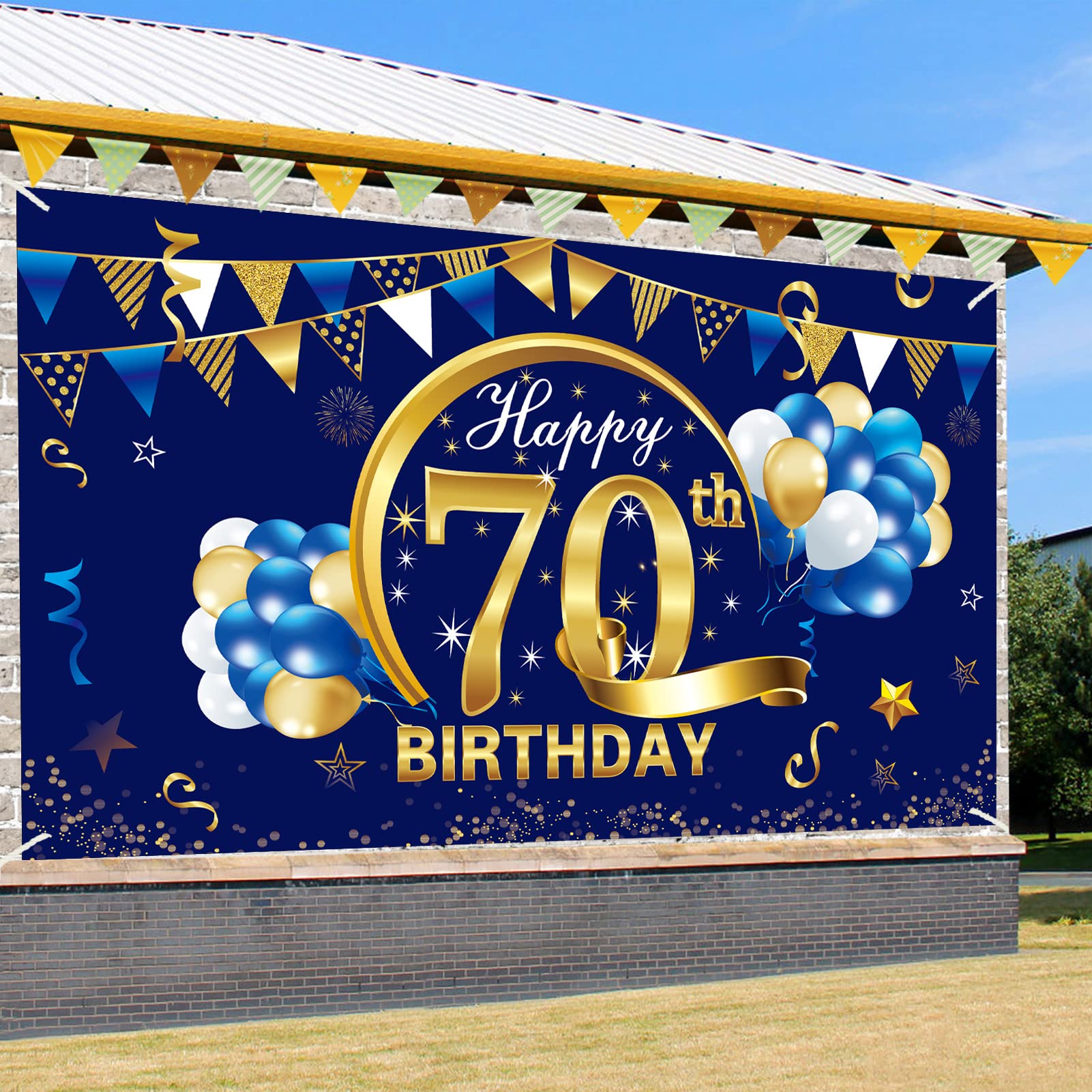 Happy 70Th Birthday Banner Decorations For Men, Blue Gold 70 Birthday Backdrop Party Supplies, 70 Year Old Birthday Photo Backgr