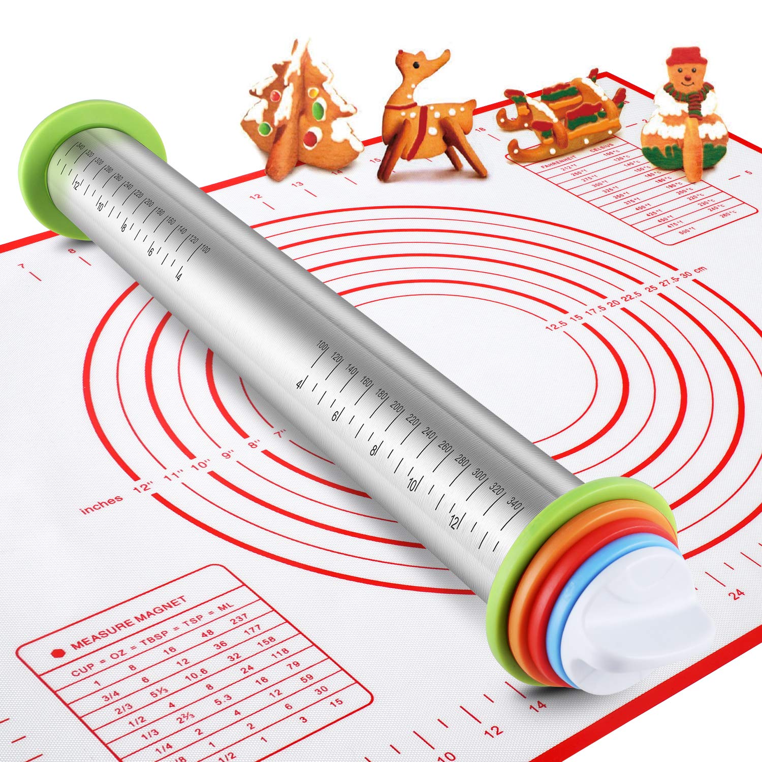 Stainless Steel Rolling Pin And Silicone Mat Set, Adjustable Thickness Rings - For Baking Dough, Pizza, Pies, Pastries, Pasta, C