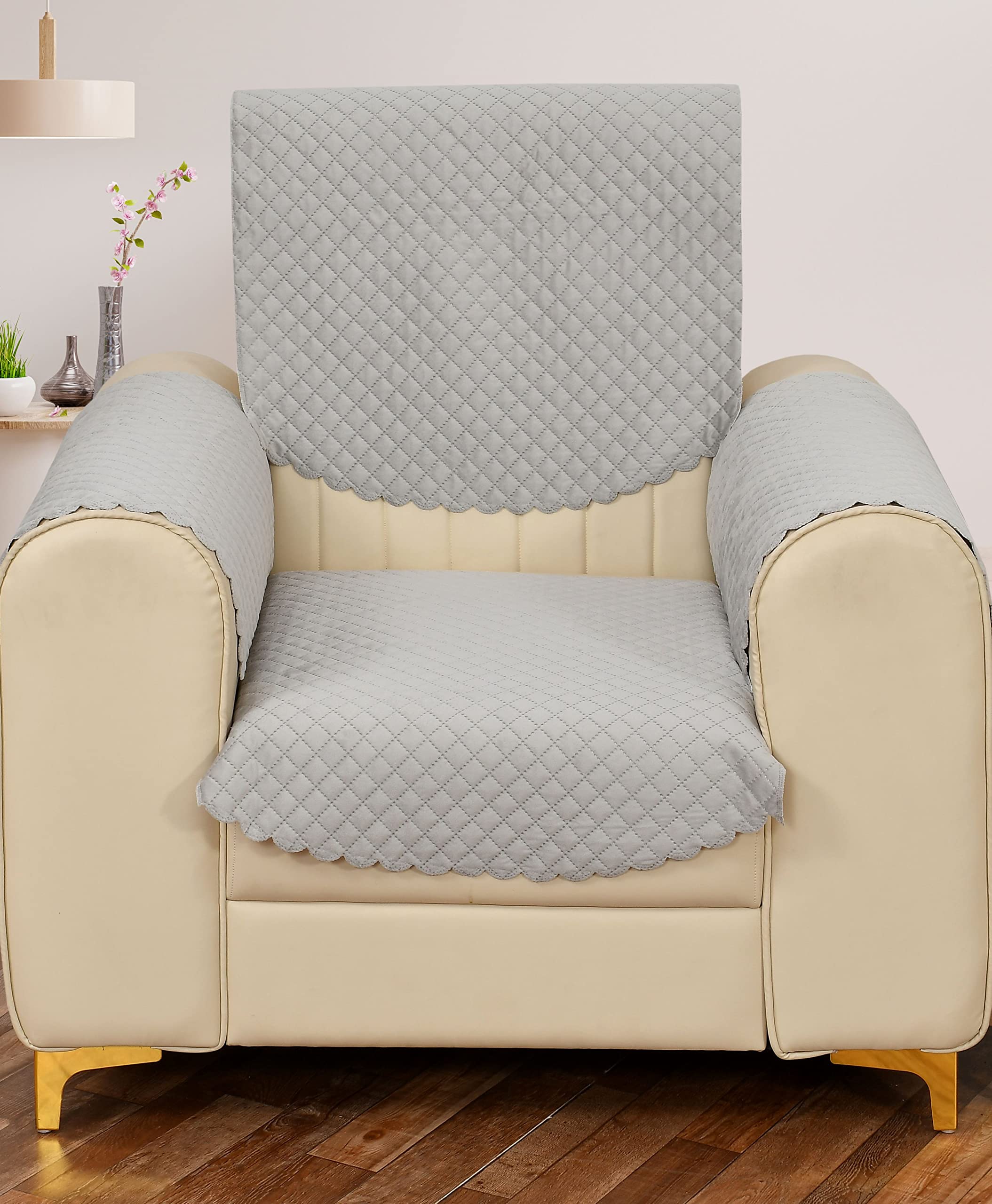 Yellow Weaves 1 Seater Self Design Quilted Sofa Chair Cover With Arm Cover, Seat & Back Cover, Color - Light Grey
