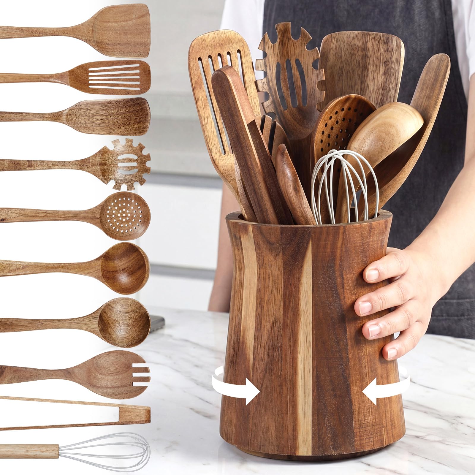 SiliFine 11 Pcs Wood Kitchen Utensils Set, 360 Rotating Holder, Natural