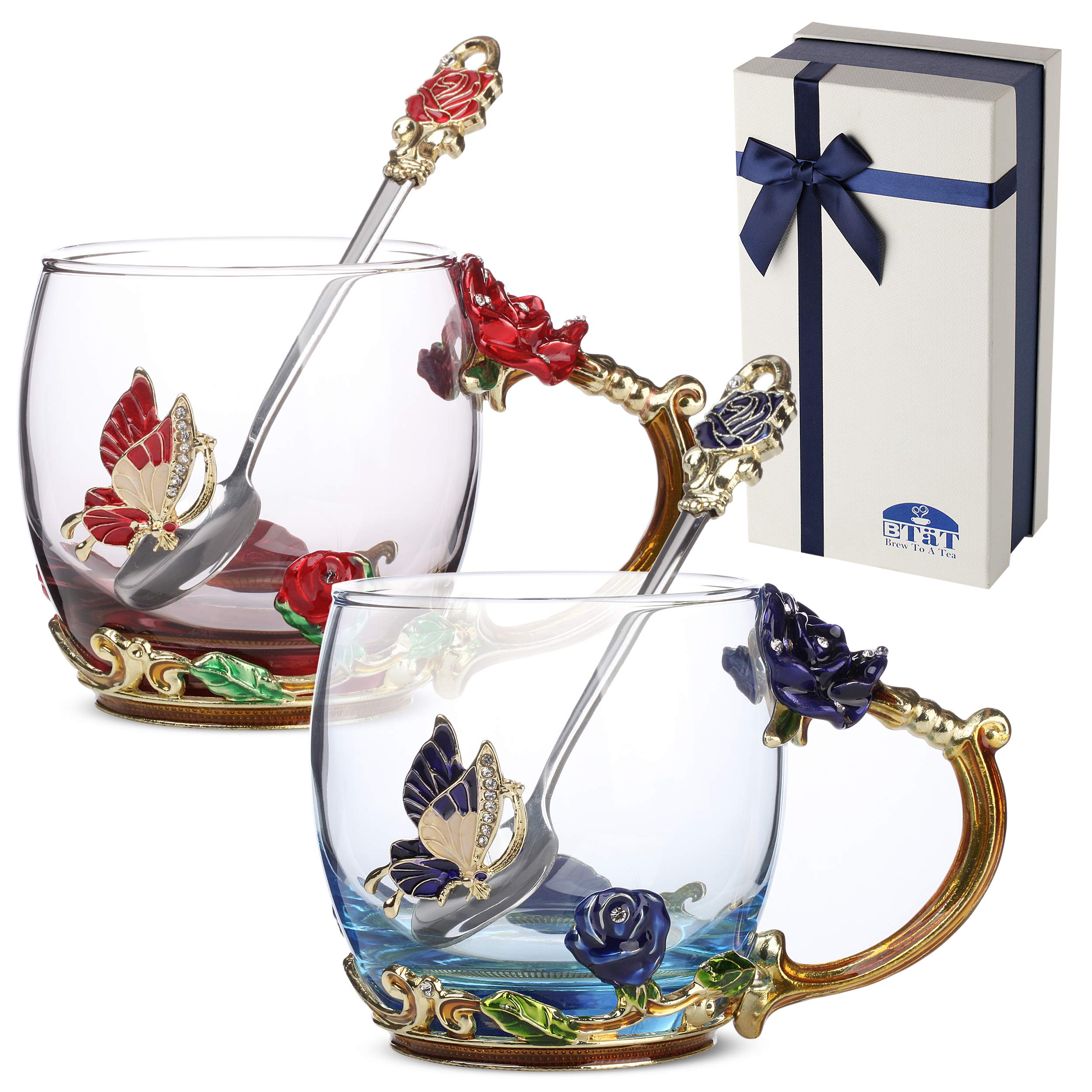 BTaT- Tea Cups, Pack of 2, Glass Tea Cup, Tea Cup, Fancy Tea Cups, Gifts for Women, Tea Mugs for Women, Flower Tea Cup, Blown Gl