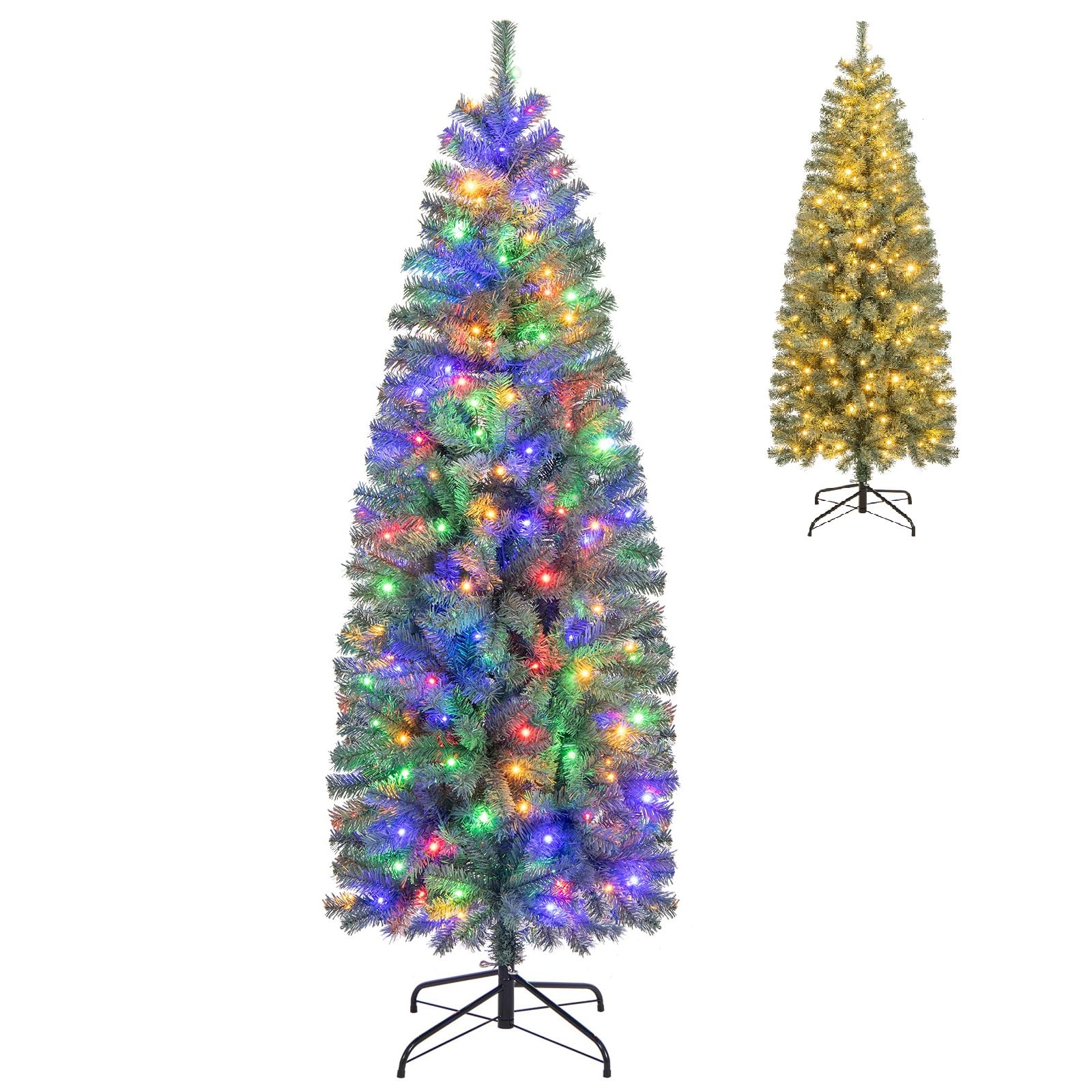 GOFLAME 6.5FT Pre-Lit Pencil Christmas Tree, Hinged Artificial Xmas Tree with 556 Branch Tips, 200 LED Lights, 9 Lighting Modes 