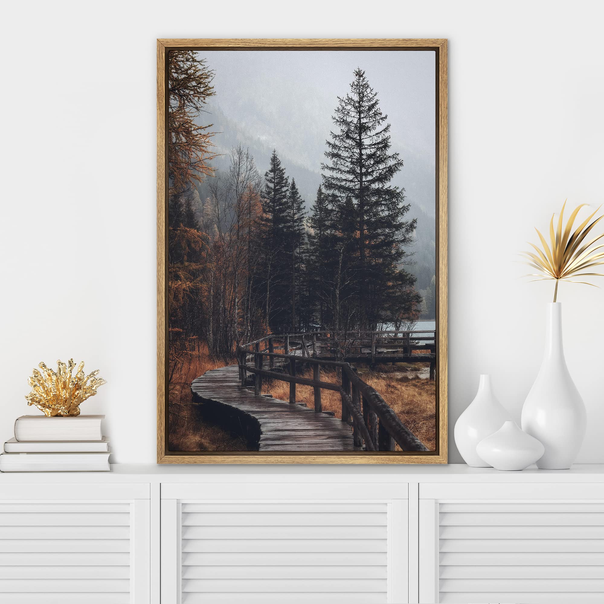 Signwin Framed Canvas Wall Art Autumn Dramatic Forest Landscape Living Room Orange Photography Rustic - 24''X36'' Natural